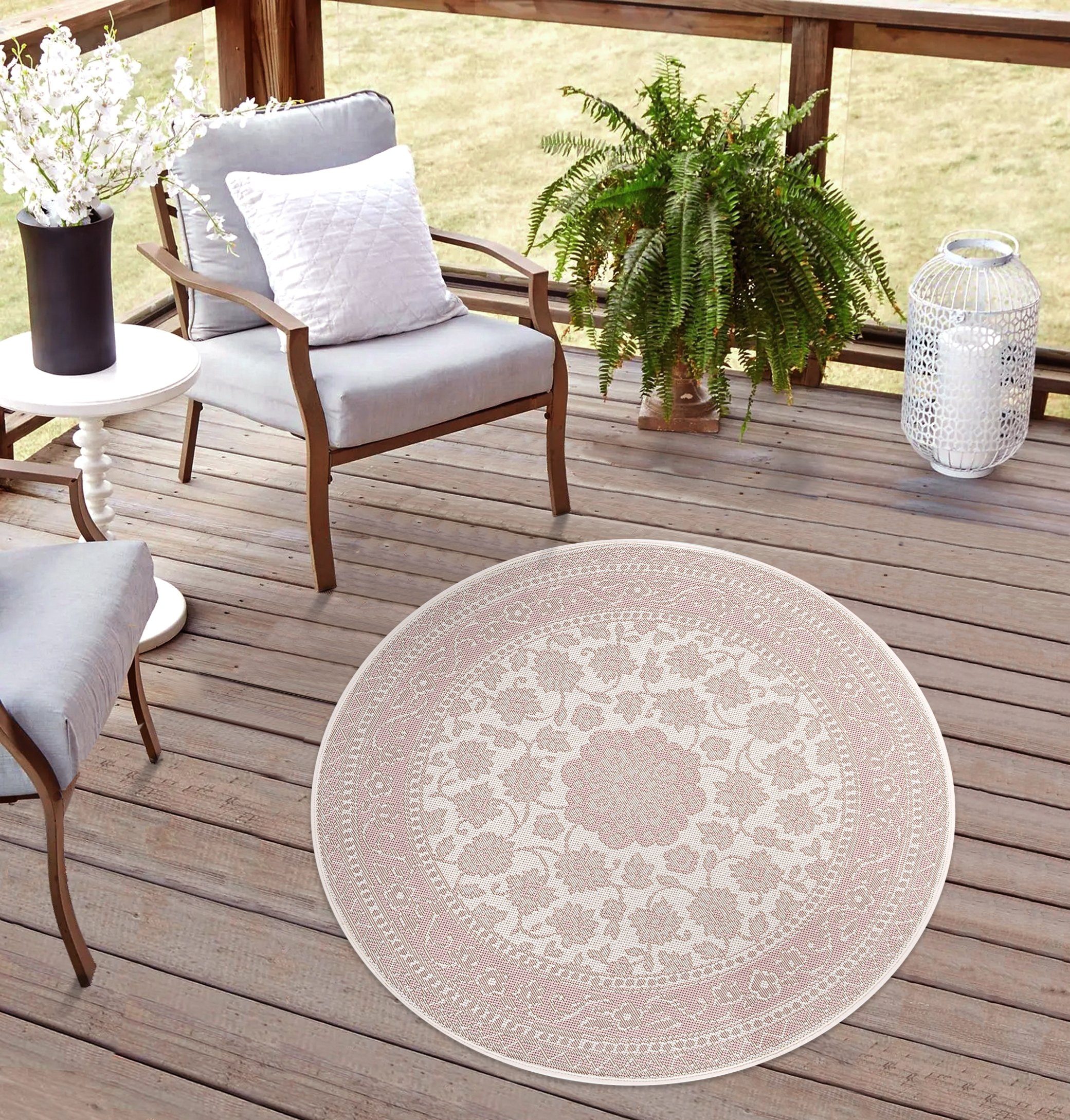 Rikmani Outdoorteppich Teppich rund Wetterfest für Terrasse, Balkon, modernes Design