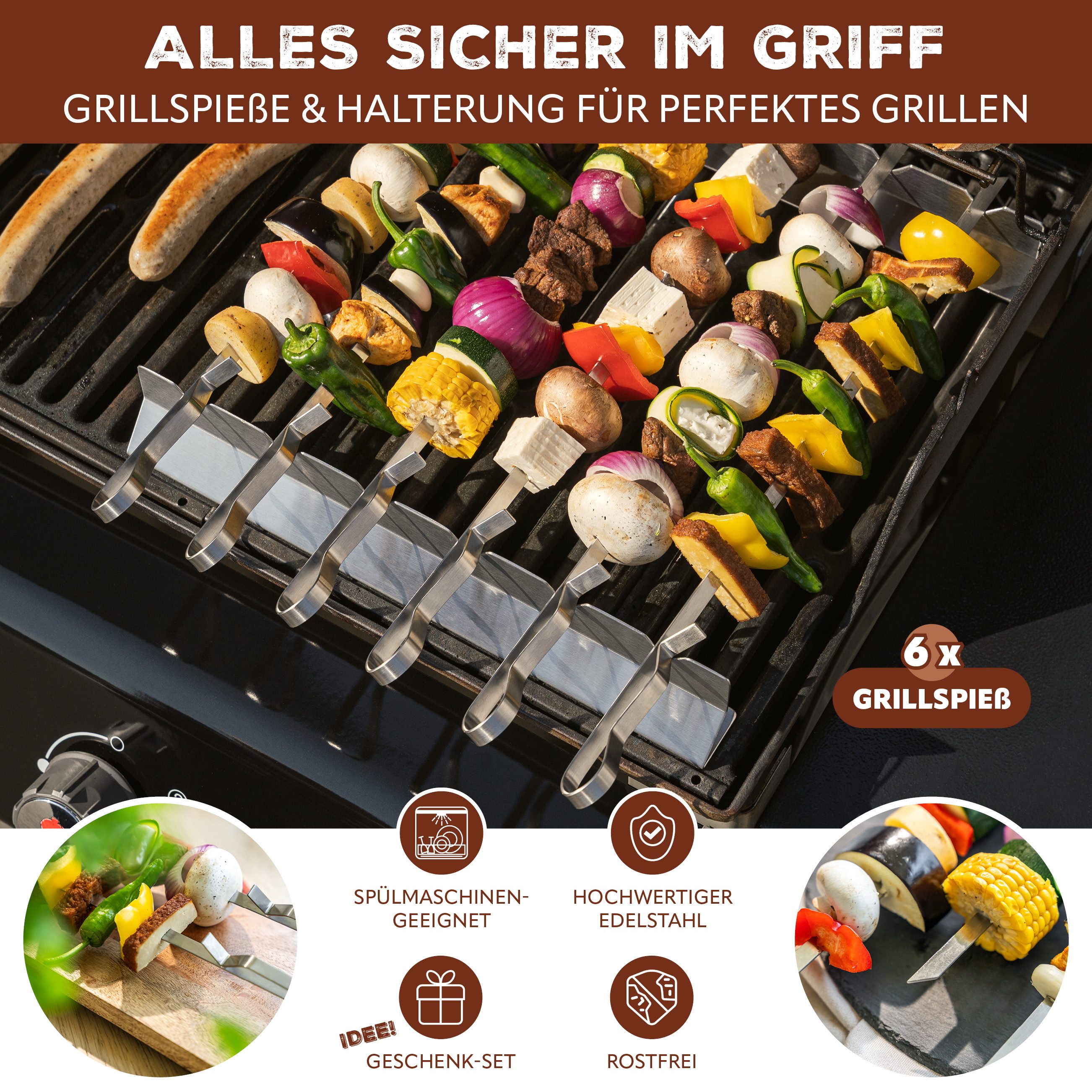 bremermann Grillspieß 6er-Set mit 2 Ablage-Gestellen, Grillspießhalter (6-St)