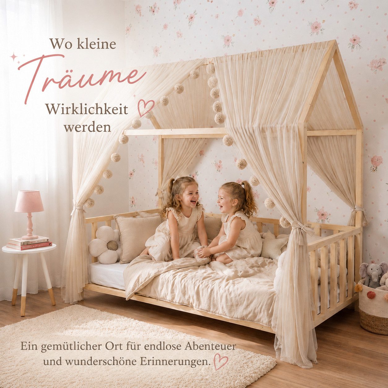 Baby Fancyroom Betthimmel Betthimmel Tüll Hausbett Kinderbett 2 Stück 340cm 380cm Montessori (3-tlg. Set mit 2x Betthimmel und einer 20er Pomponkette, Baldachin, Kinder Betthimmel Baldachin Himmel Deko Set), Betthimmel für Hausbett Montessori