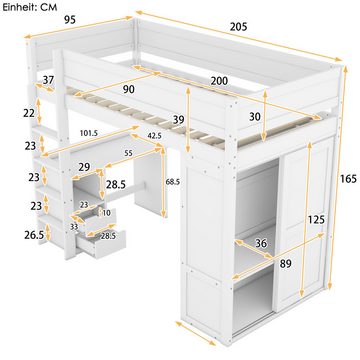 Ulife Kinderbett Hochbett Jugendbett mit Kleiderschrank, Schreibtisch und Schubladen, 90 x200 cm