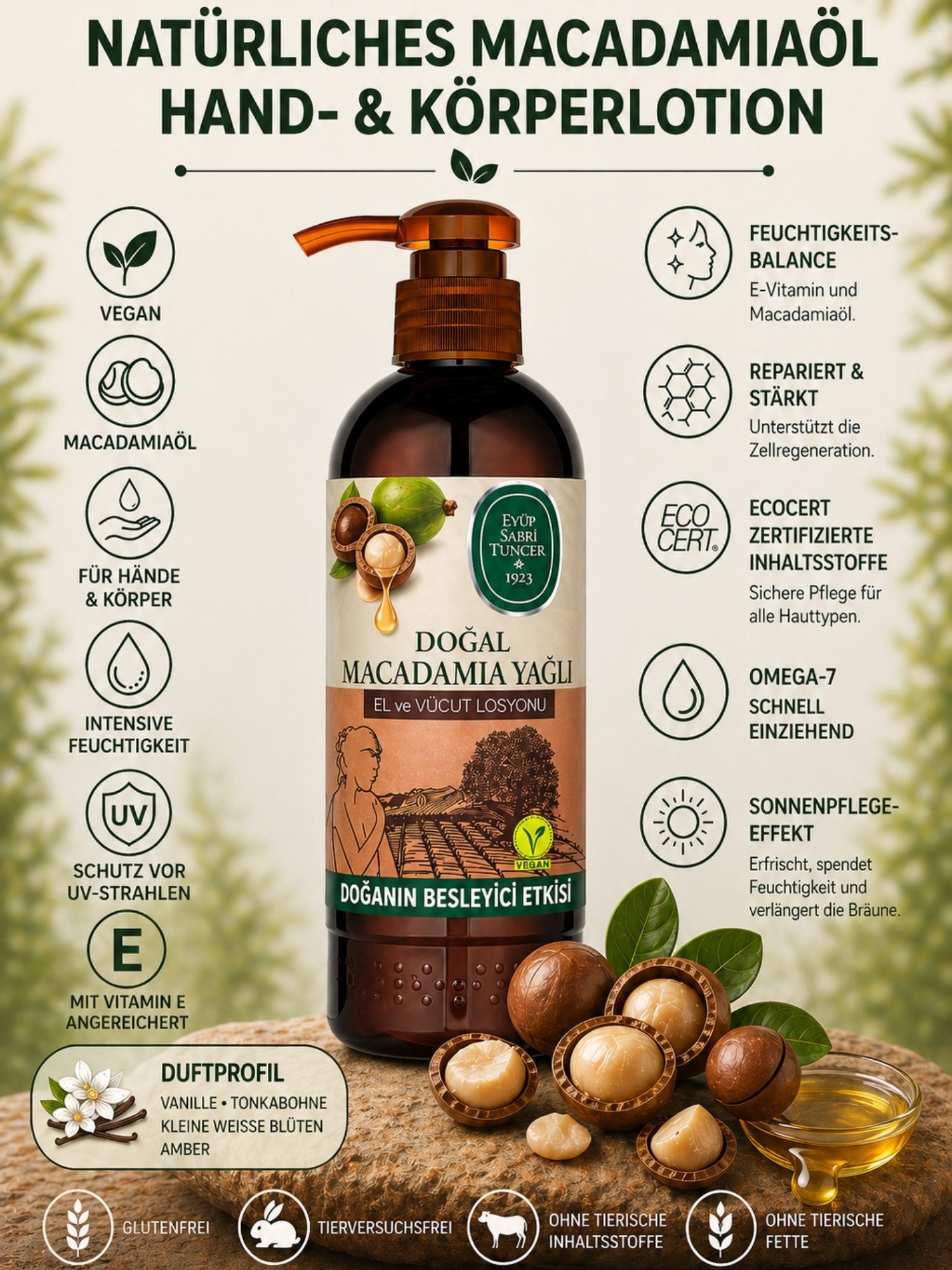 EYÜP SABRI TUNCER Körperlotion Vegan Hand & Körper Lotion mit Vitamin E für alle Hauttypen, Vegan, Dermatologisch getestet, Glutenfrei, Mit Vitamin E