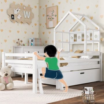 BlingBin Kinderbett Hausbett Hochbett mit Schubladen (1-tlg., mit Rausfallschutz und Leiter 90x200cm Weiß), inkl. Lattenrost, Kiefer-Massivholz