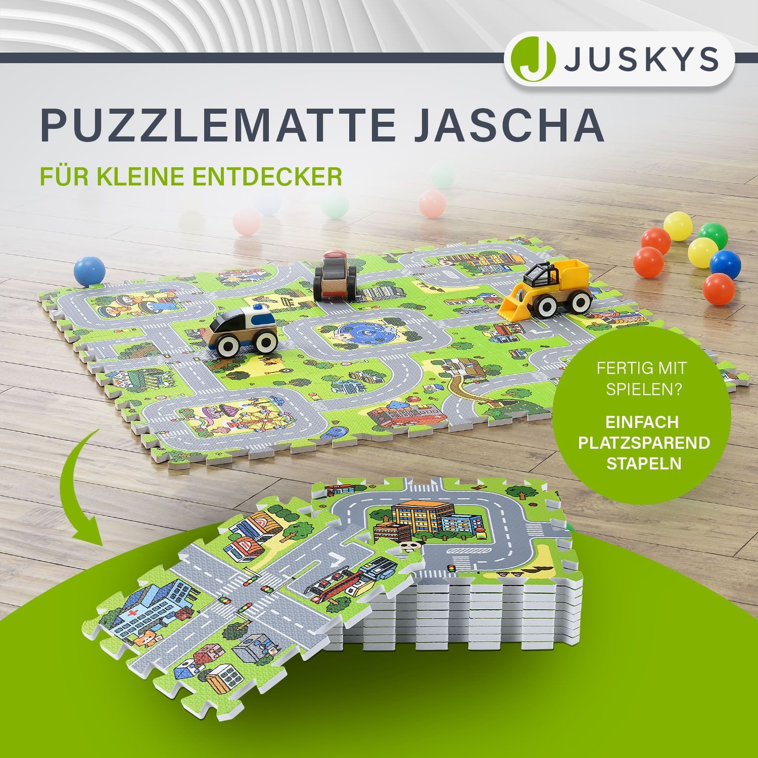 Juskys Puzzlematte Jascha, Straßenteppich, Stadt mit Straßen, Tieren und vi günstig online kaufen