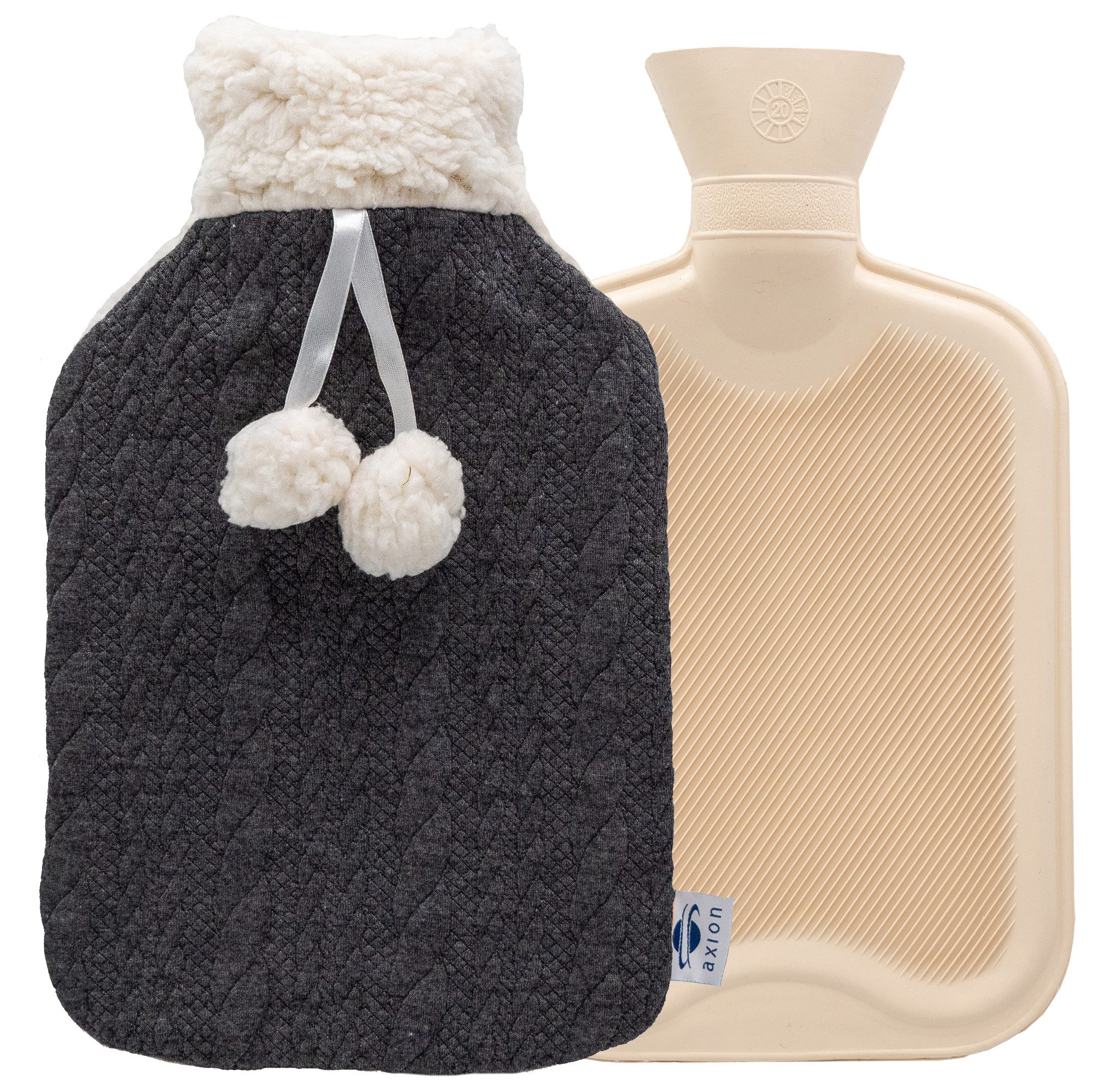 Axion Wärmflasche mit Bezug, 33 x 20 cm, ca. 2 Ltr., Wärmflaschen, grau-beiger Plüsch, 100% Naturkautschuk, Weihnachtsgeschenk