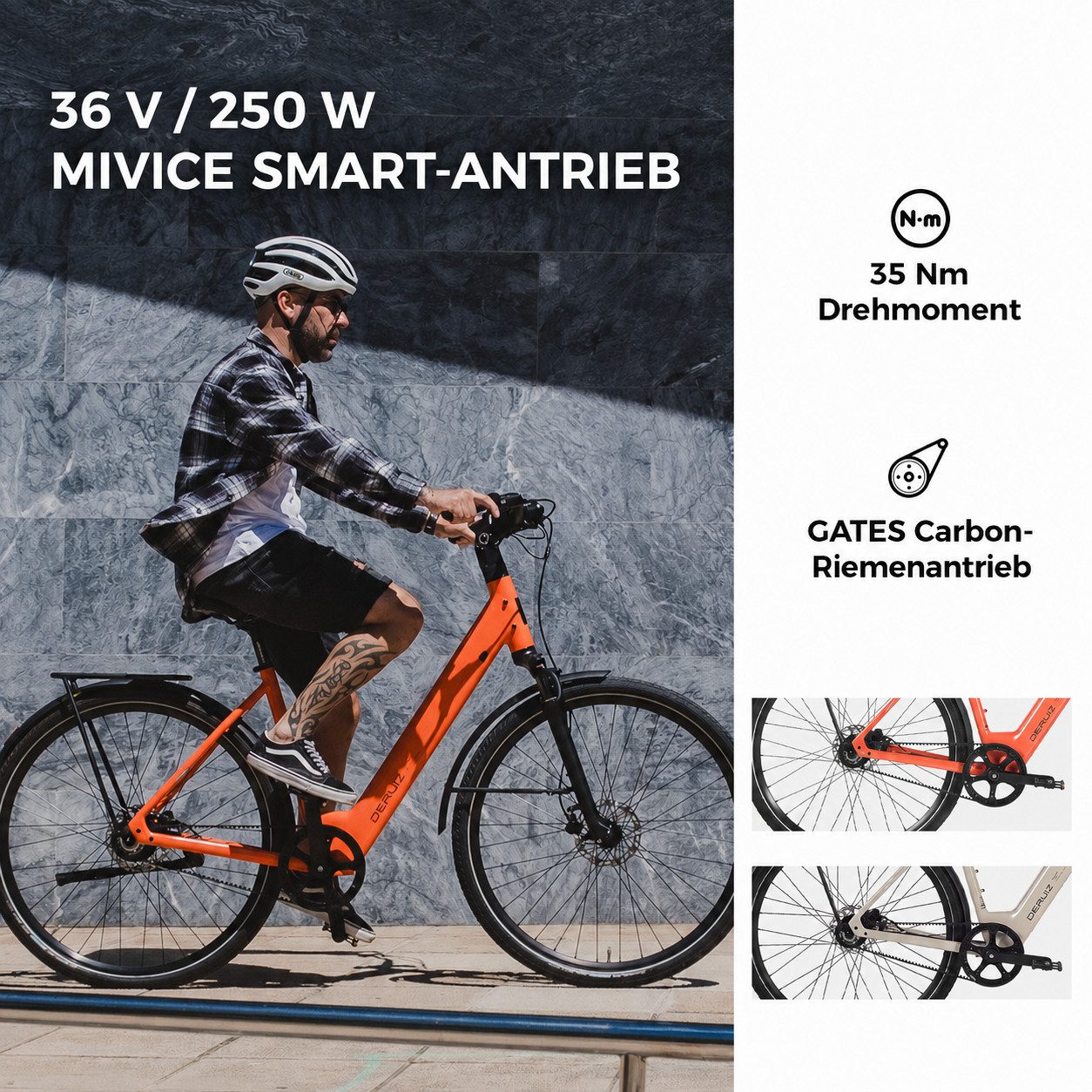 DERUIZ E-Bike Cityrad Turmali Comfort 28 Zoll, 48,5 cm Rahmen, Gates Riemenantrieb, Heckmotor, 360 Wh, (Traglast ca. 140kg, RH: 48,5cm, nur ca. 20kg, für Damen und Herren), Hydraulikbremsen, Big Apple Reifen, Bluetooth-App, 5 Stufen