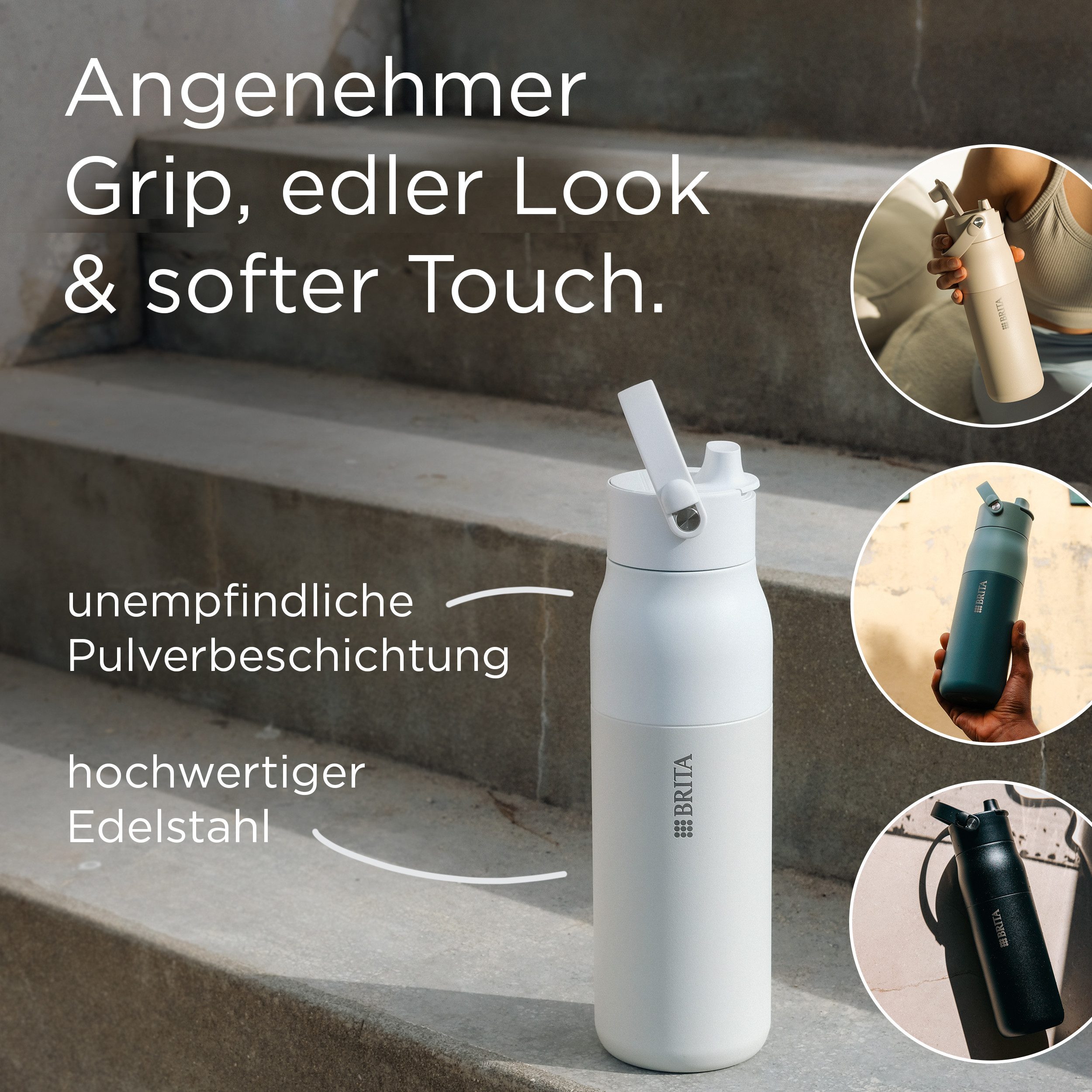 BRITA Trinkflasche BRITA LARQ Essential Trinkflasche (680ml) weiß mit Strohhalm, Edelstahl Wasserflasche mit doppelwandiger Isolierung - hält 24h kalt