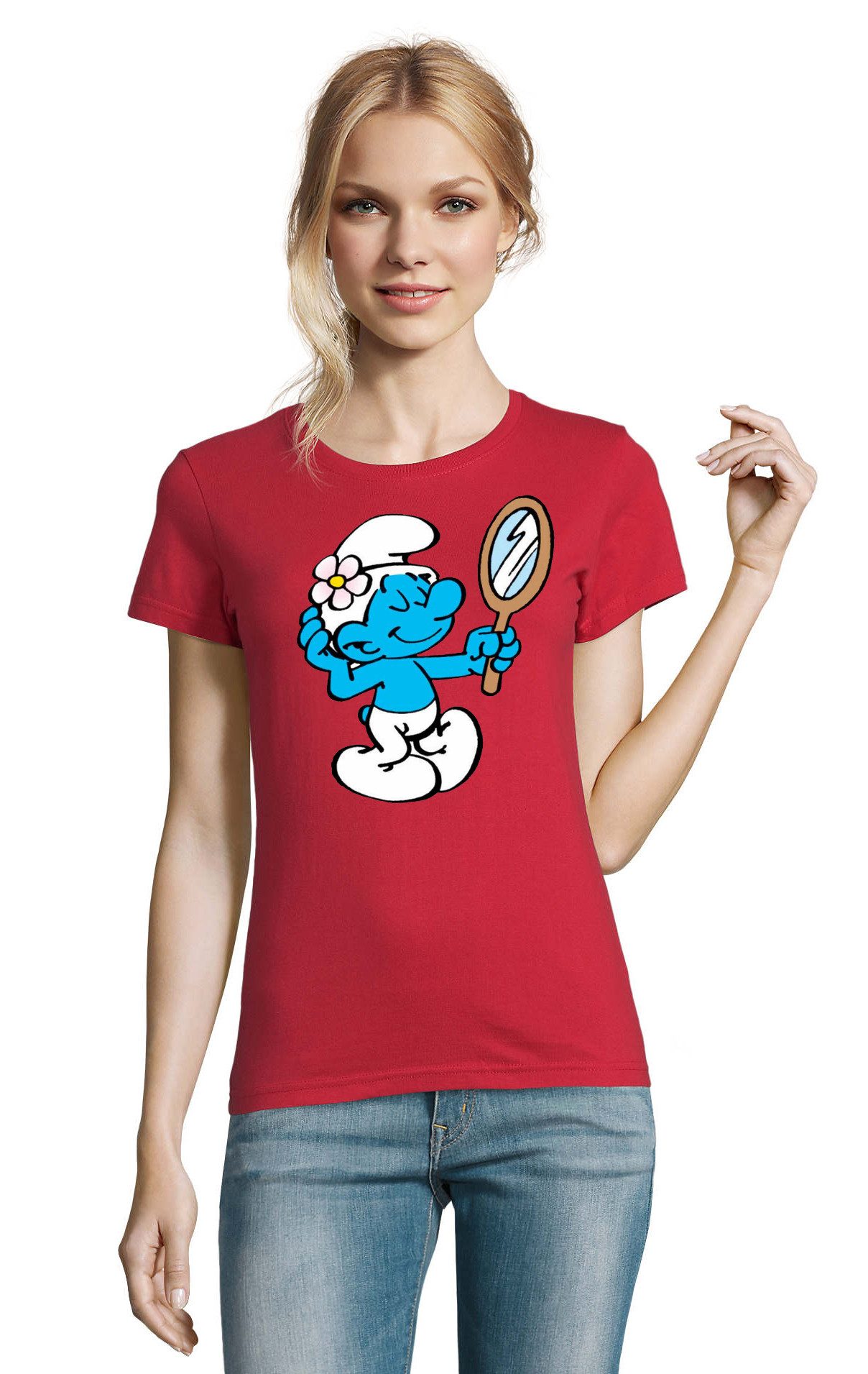 Blondie & Brownie T-Shirt Damen T-Shirt Schlumpf Spiegel Motiv Baumwolle Cartoon Print Shirt (Einzelartikel, 1 Stück) Herren T-Shirt Schlumpf Spiegel Motiv Cartoon Shirt Baumwolle Print