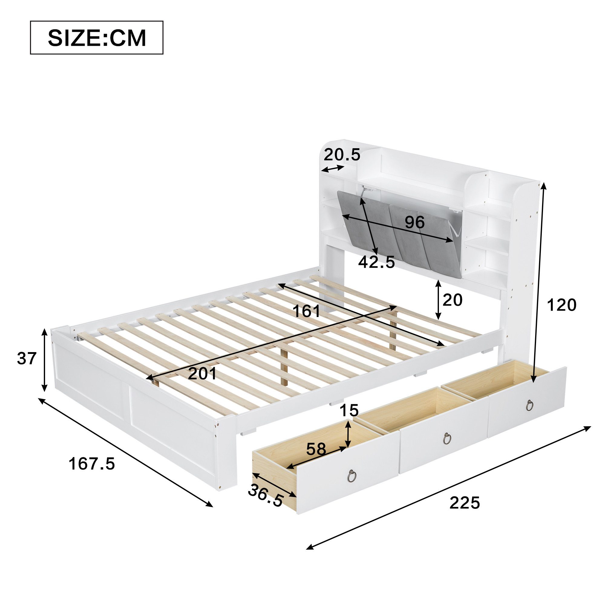 HAUSS SPOLE Holzbett 160x200cm mit offenem Regal, 3 Schubladen, Griffe aus günstig online kaufen