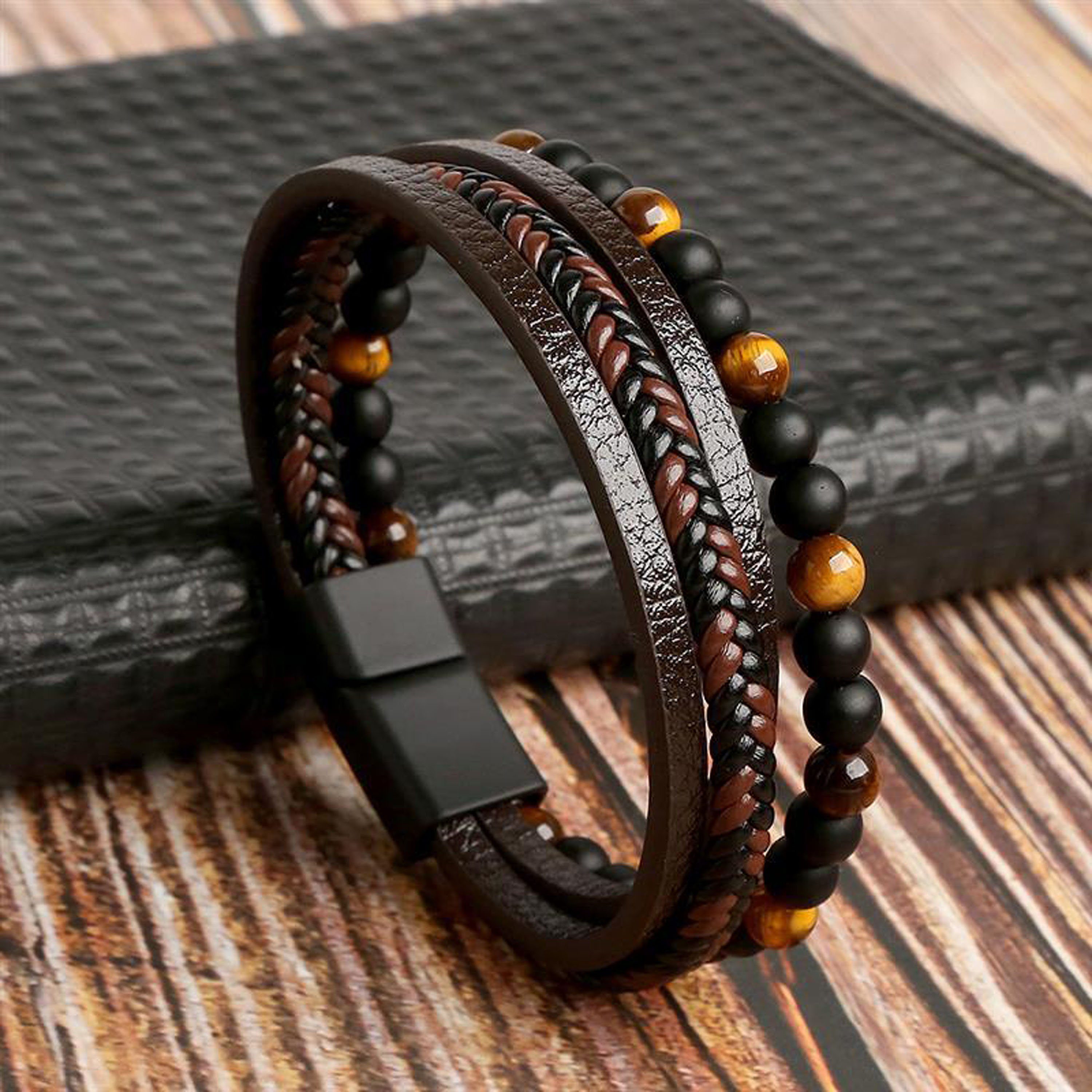 (Edelstahl, Herren Lederarmband Lederarmband Tigerauge Casual Braun Geflochten Naturstein Perlenarmband "FANCY" Echtleder, Style, Gelbes handgefertigt) UNIQAL.de