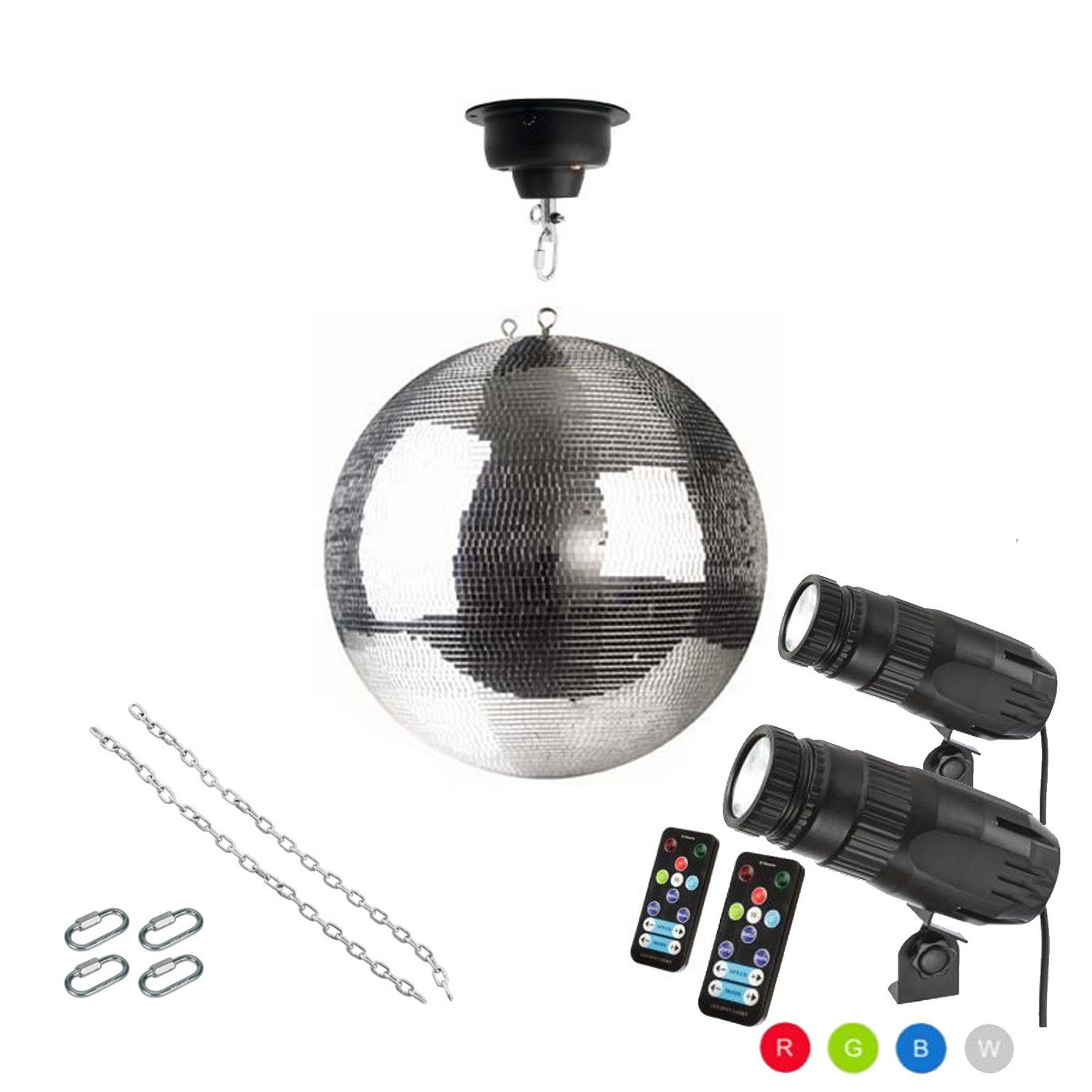 Discolicht Spiegelkugel Komplettset 40cm mit Motor, 2 x 9W LED Pinspot (RGB)