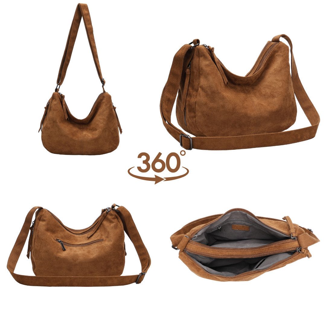 MIRROSI Umhängetasche Damen Schultertasche Wildleder-Optik aus Stoff Hobo Bag (mit Reißverschlussfächern, verstellbarem Gurt, ca.38x13x24 cm), Neue Kollektion H – Bild 3 von 3