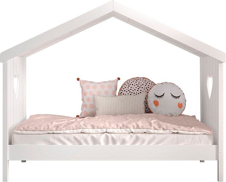 Vipack Hausbett Amori, inkl. Dach, Rückseitig offen, mit Rolllattenrost (B/H/T ca. 213x171,7x98,7cm, verspielte Herz-Ausschnitte seitlich), Liegefläche 90 x 200 cm, ein Highlight im Kinderzimmer, weiß lackiert