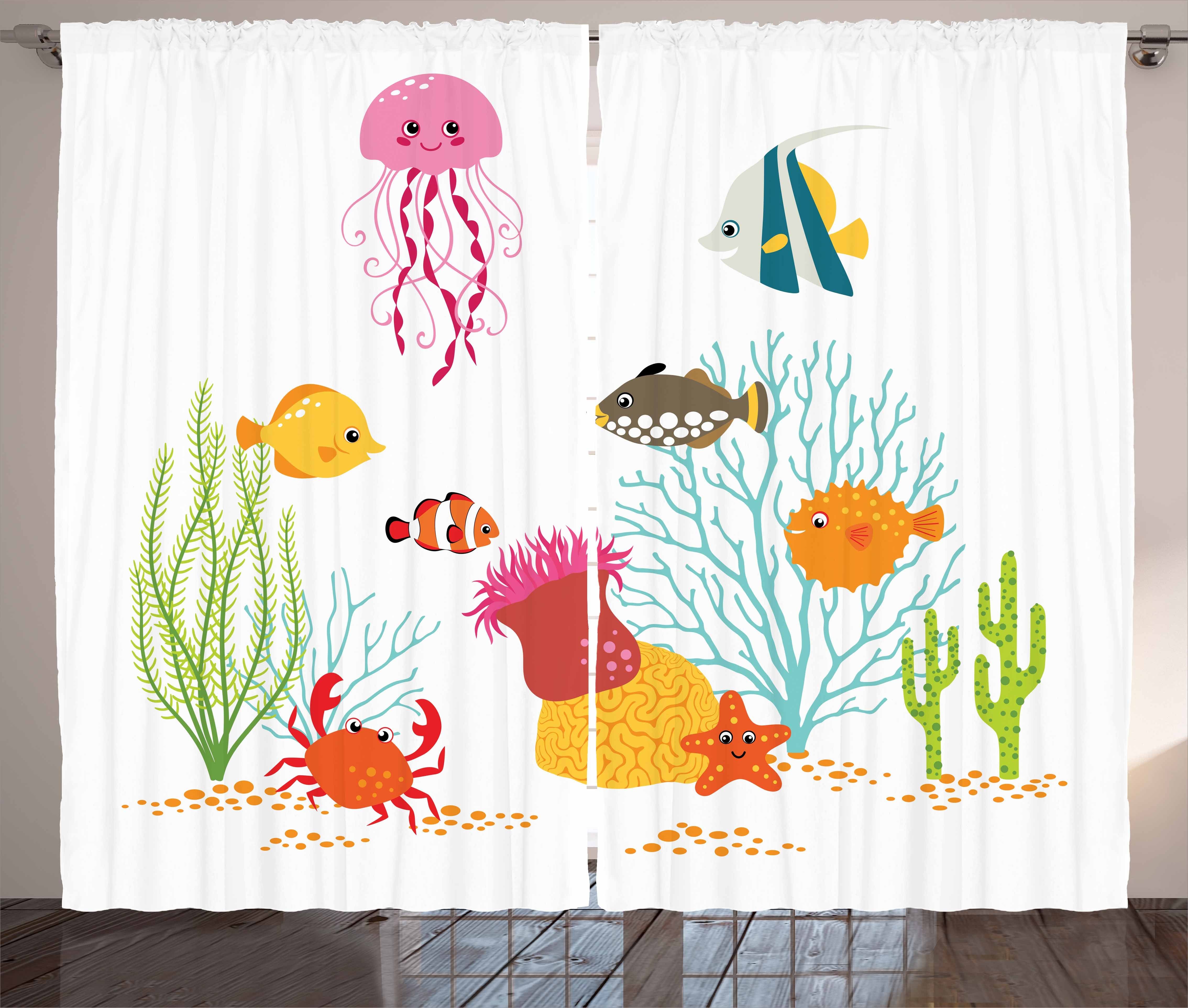Haken, Cartoon Kräuselband Ozean Underwater Schlafzimmer Abakuhaus, Schlaufen Gardine Vorhang mit Coral und