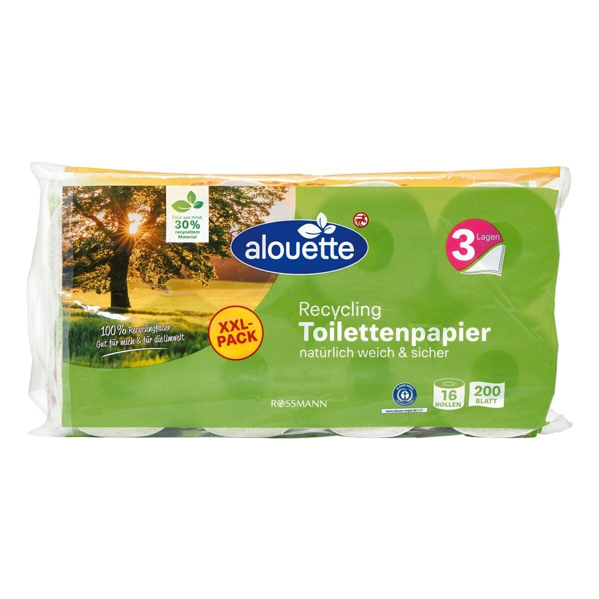 alouette Toilettenpapier Recycling (16-St), 3-lagig, weiß mit Prägung, 200 Blatt/Rolle