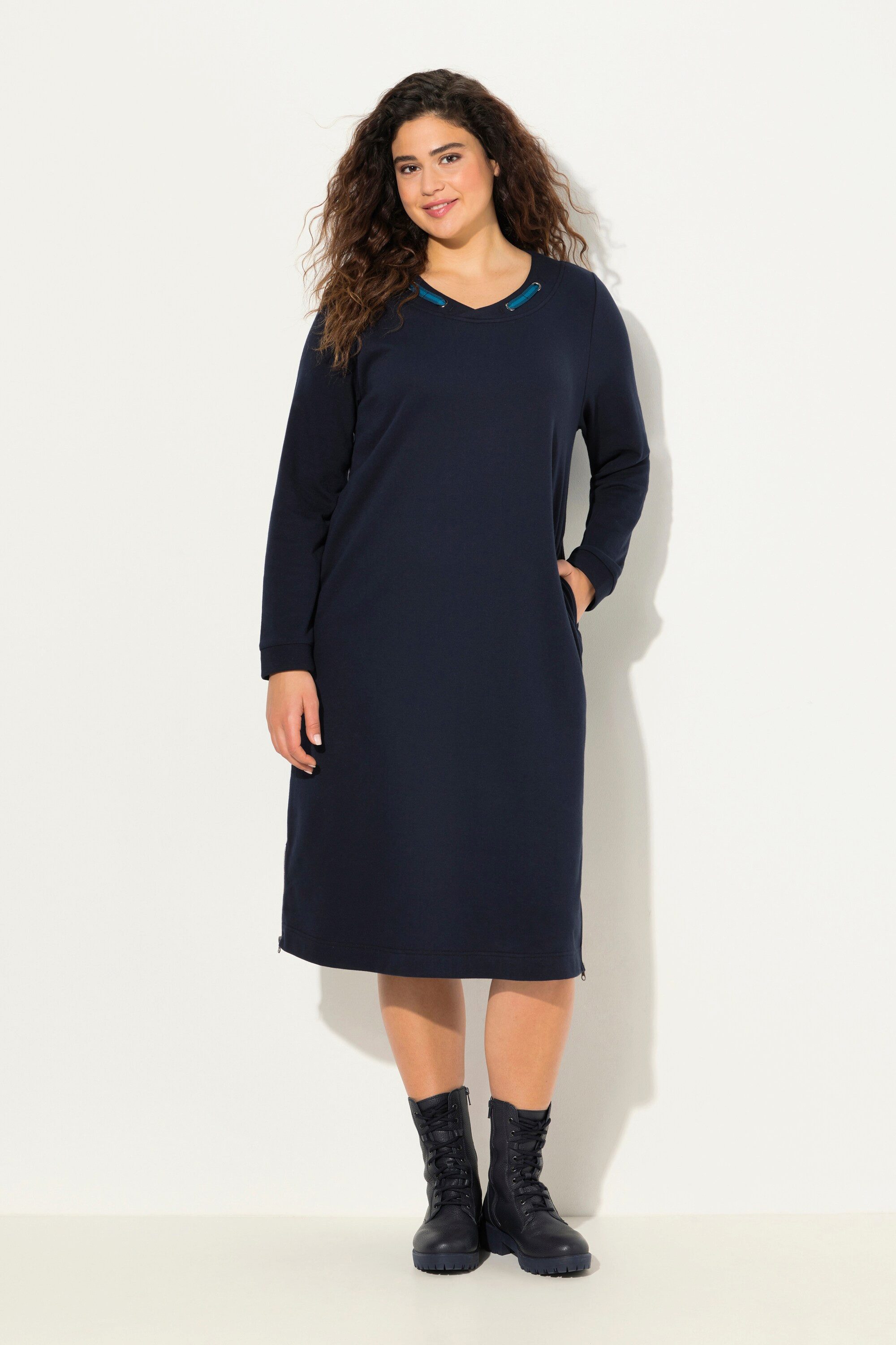 Midikleid Sweatkleid Rundhals Zierband Langarm Taschen