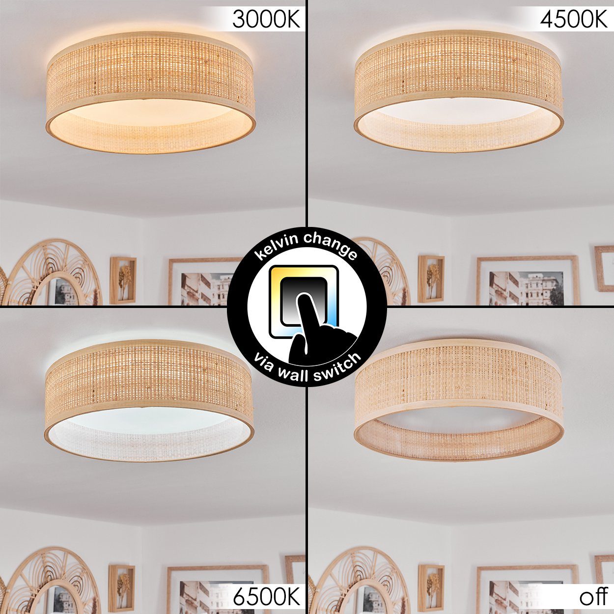 hofstein Deckenleuchte dimmbare Deckenlampe aus Rattan/Kunststoff in Natur/Weiß, LED fest integriert, 3000 Kelvin, über herkömmlichen Lichtschalter dimmbar, LED 24 Watt, 3100 Lumen