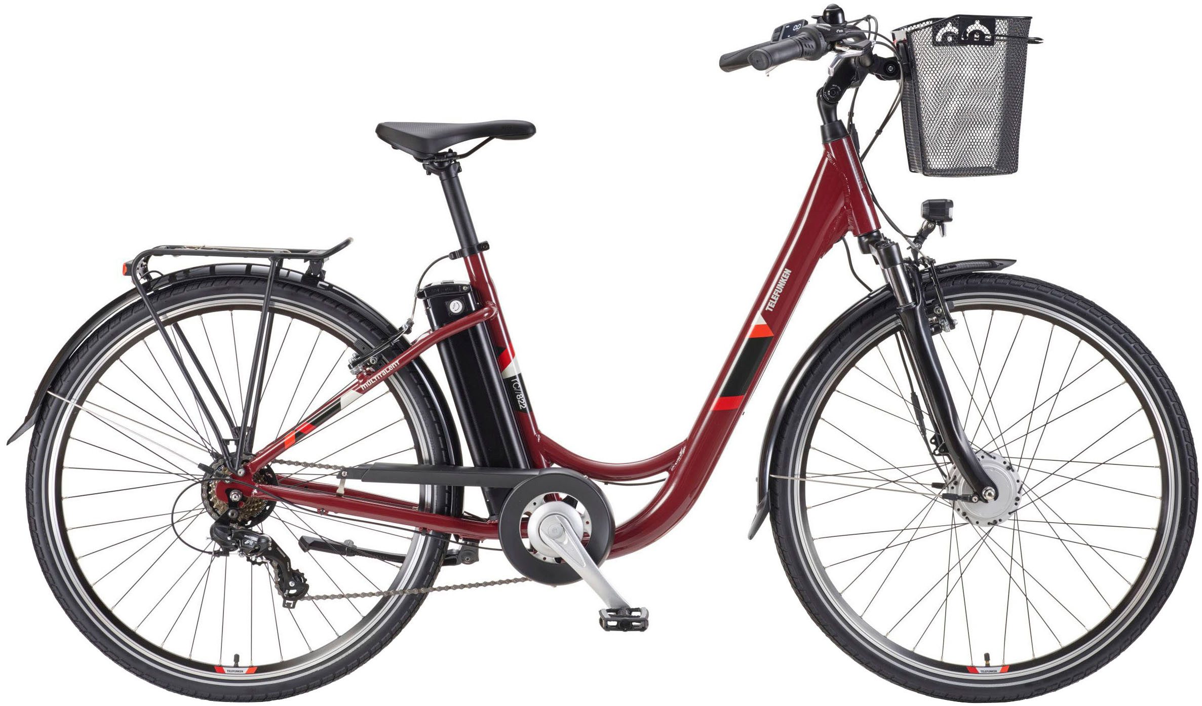 Telefunken E-Bike Cityrad Multitalent RC822, 7 Gang Shimano Tourney Schaltwerk, Kettenschaltung, Frontmotor, 531,3 Wh, (2 V-Bremsen, Beleuchtung, Straßenzulassung, ca. 100 km Reichweite), Elektrofahrrad, Damen Herren, 28 Zoll, 36,9 V, 531,3 Wh Akku, Pedelec