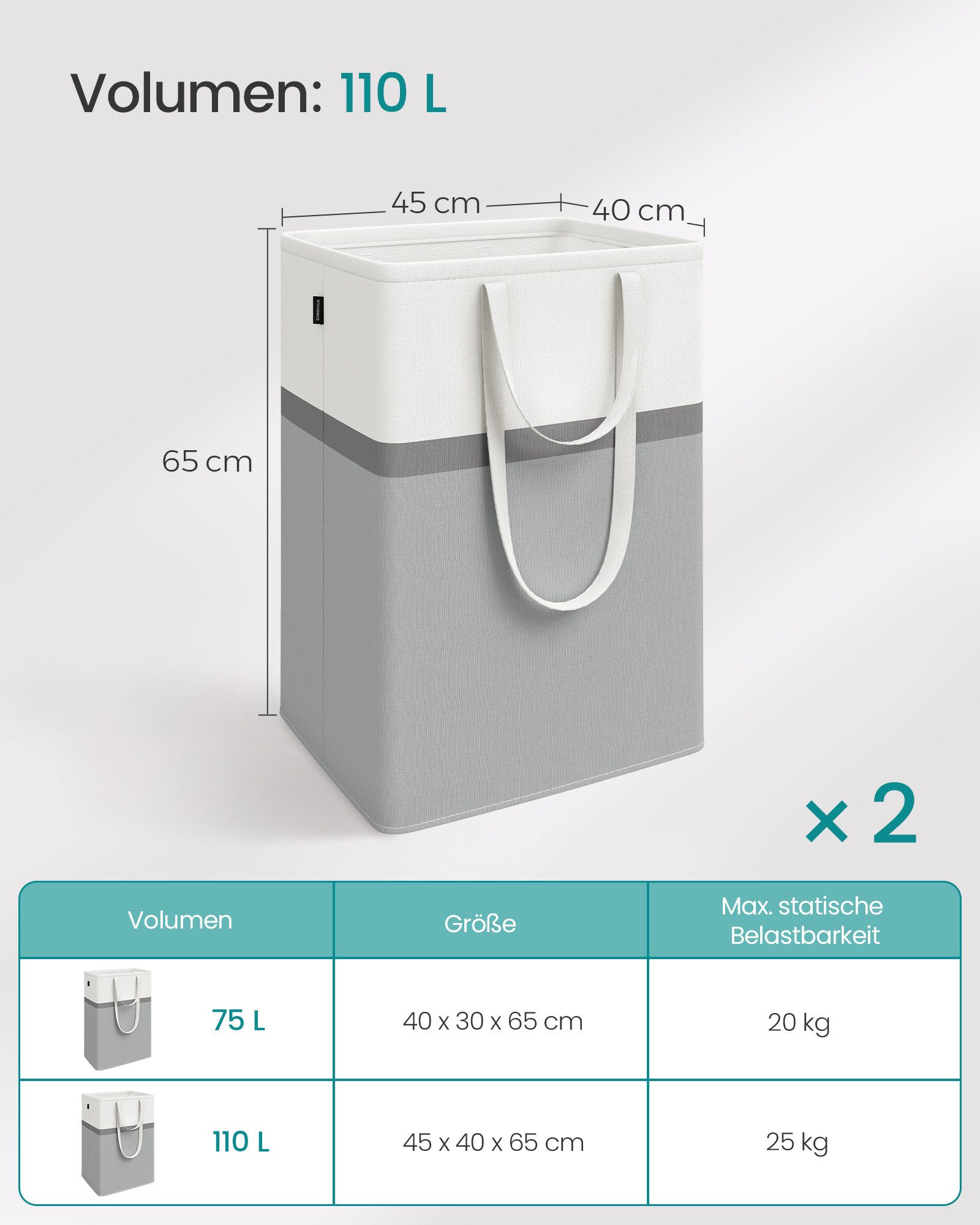 SONGMICS Wäschekorb, 2er Set, 110 L Wäschesammler faltbar, leicht zu tragen und zu reinigen