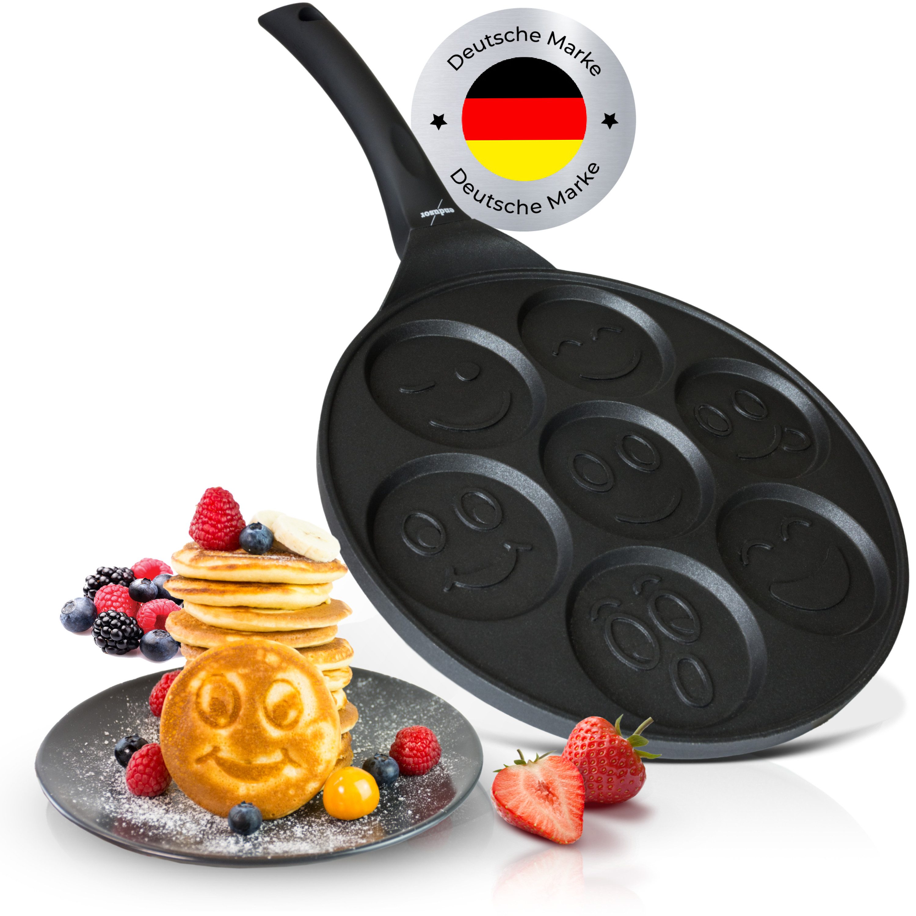endusor Crêpepfanne Pancake Pfanne ⌀26cm mit 7 Smiley Motiven für Kinder, Aluminiumguss (Alle Herdarten inkl. Induktion, Ø 26cm Bratpfanne), modernster Antihaft-Beschichtung & Eisenkernboden für Pancakes & Mehr