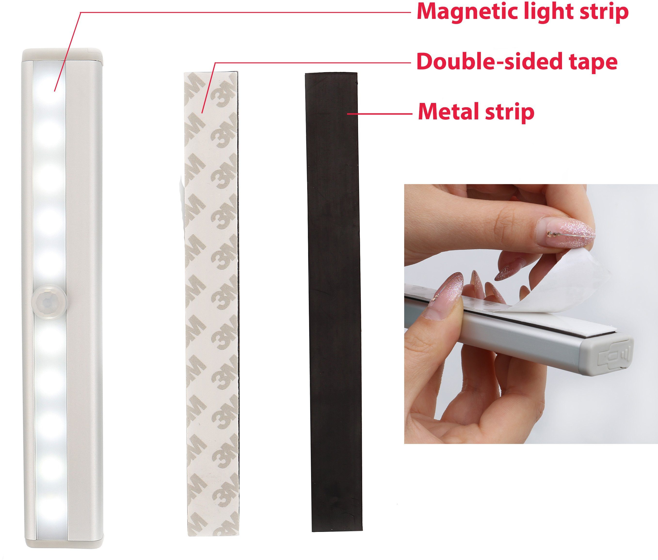 B.K.Licht Unterschrankleuchte Magnet- Bewegungsmelder, mit mit fest LED-Schrankbeleuchtung, und integriert, 2er Batterie LED Unterbaulampen betriebene BK_UL1105 Set, Klebestreifen