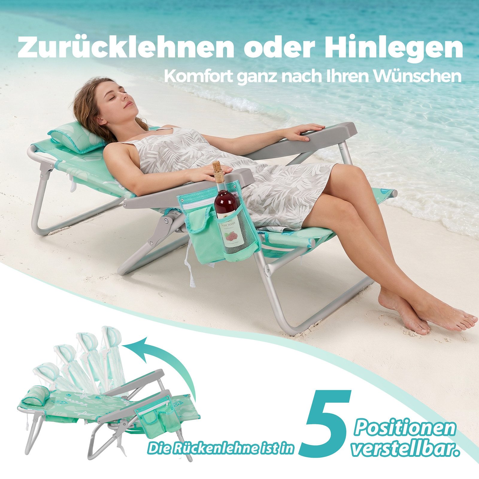 HOMECALL Klappstuhl Strandstuhl Leicht Klappbar Camping, 5-fach verstellbare Rückenlehne (Bis150KG Aluminiumrahmen, groBe Kuhitasche und Aufbewahrungstasche, 2  – Bild 3 von 5