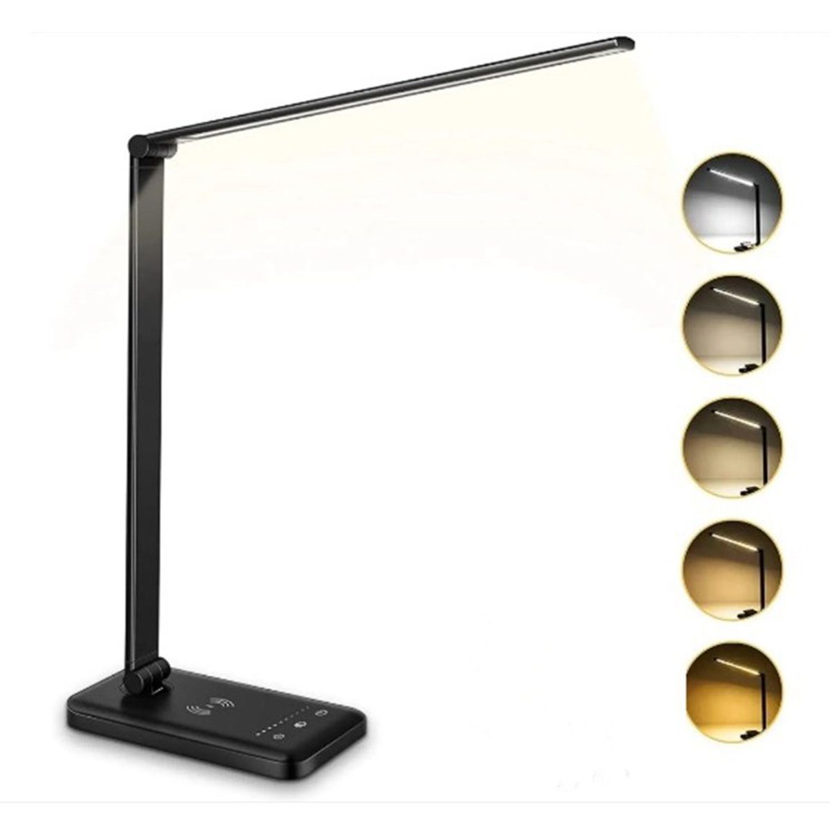 XDeer LED Schreibtischlampe LED Schreibtischlampe Dimmbare Tischleuchte Nachttischlampe, 5 Farb und 10 Helligkeitsstufen USB-Anschluss,Wireless Laden Schwarz