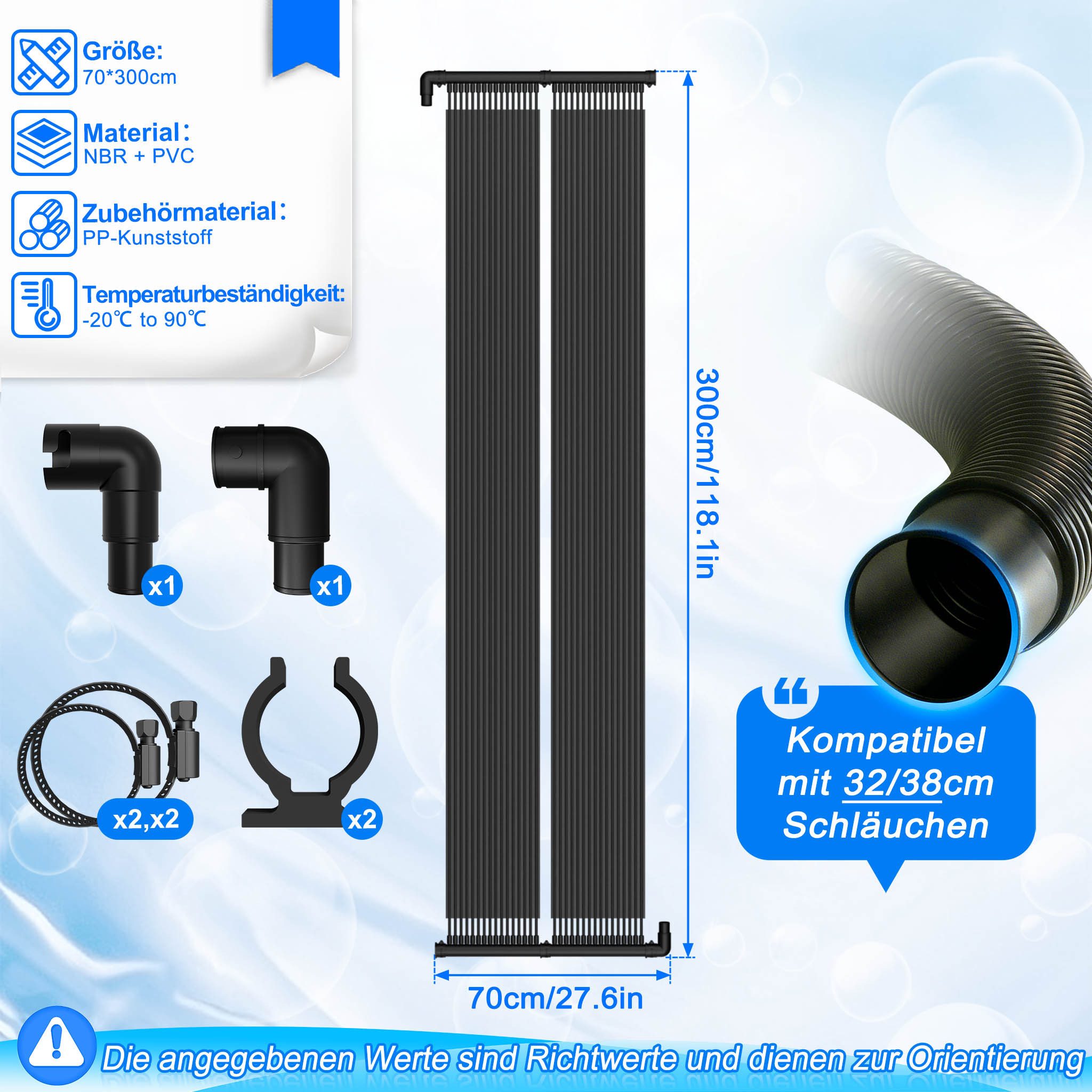 FIVMEN Solarabsorber Sonnenkollektor Poolheizung Solarheizung Pool Komplettset Solarheater, BxL: 70x300 cm, 300cmLx70cmB/400cmLx70cmB/500cmLx70cmB/ 600cmLx70cmB, Solarmatte Heizung für Pools Schwimmbad Gartendusche