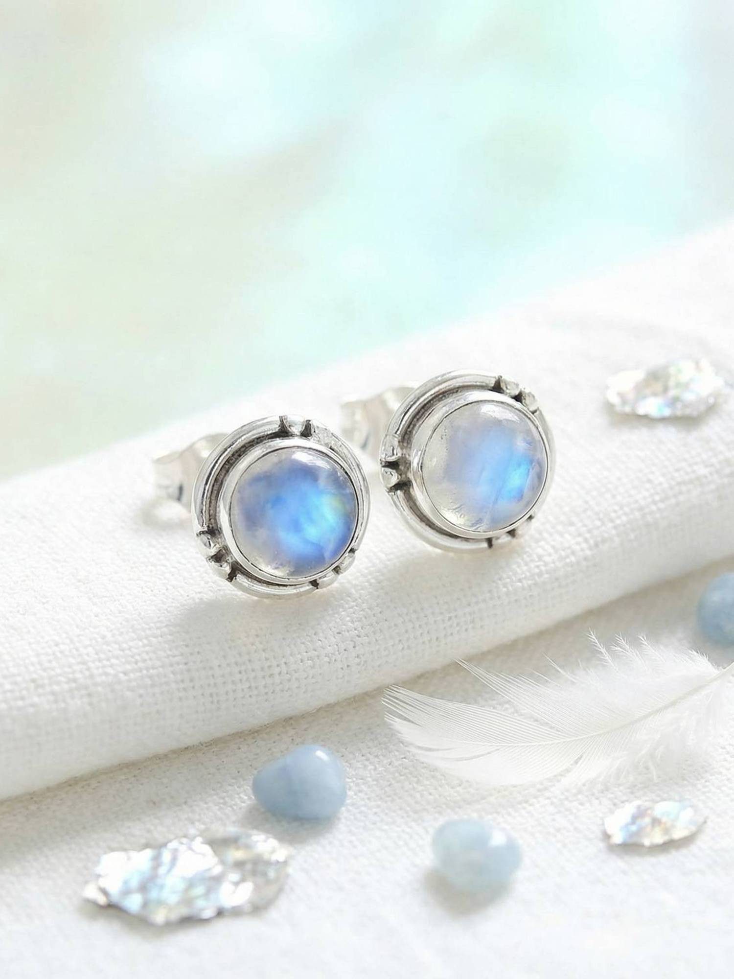 mantraroma Paar Ohrstecker LITANG aus 925 Silber mit Regenbogen Mondstein (Paar, Paar Ohrringe mit Schmuckbeutel), 925 Sterling Silber Ohrringe für Damen