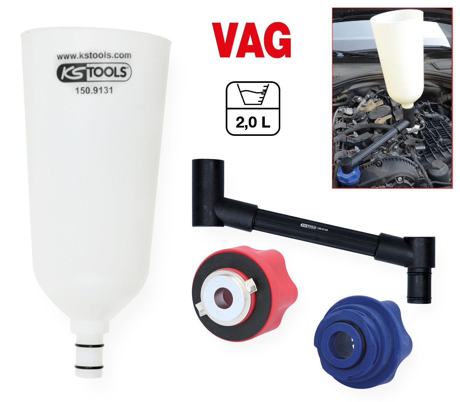 KS Tools Radmutternschlüssel Öl-Einfülltrichter-Satz mit drehbarem Winkelarm für VAG, 4-tlg (150.