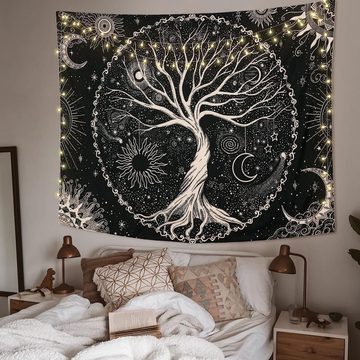 Houhence Wanddekoobjekt Baum des Lebens Tapisserie Mond und Sonne Schwarzer Wandbehang