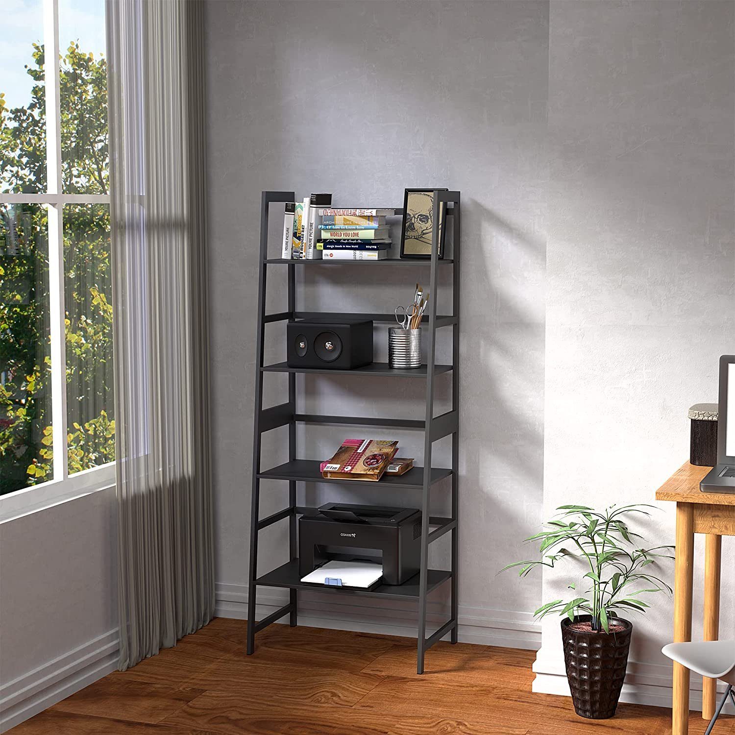 Powerwill Bücherregal Bücherregal, Schwarz/Weißes Bücherregal, Leiterregal, 4-stöckiges hohes Bücherregal für Schlafzimmer, Wohnzimmer, Büro