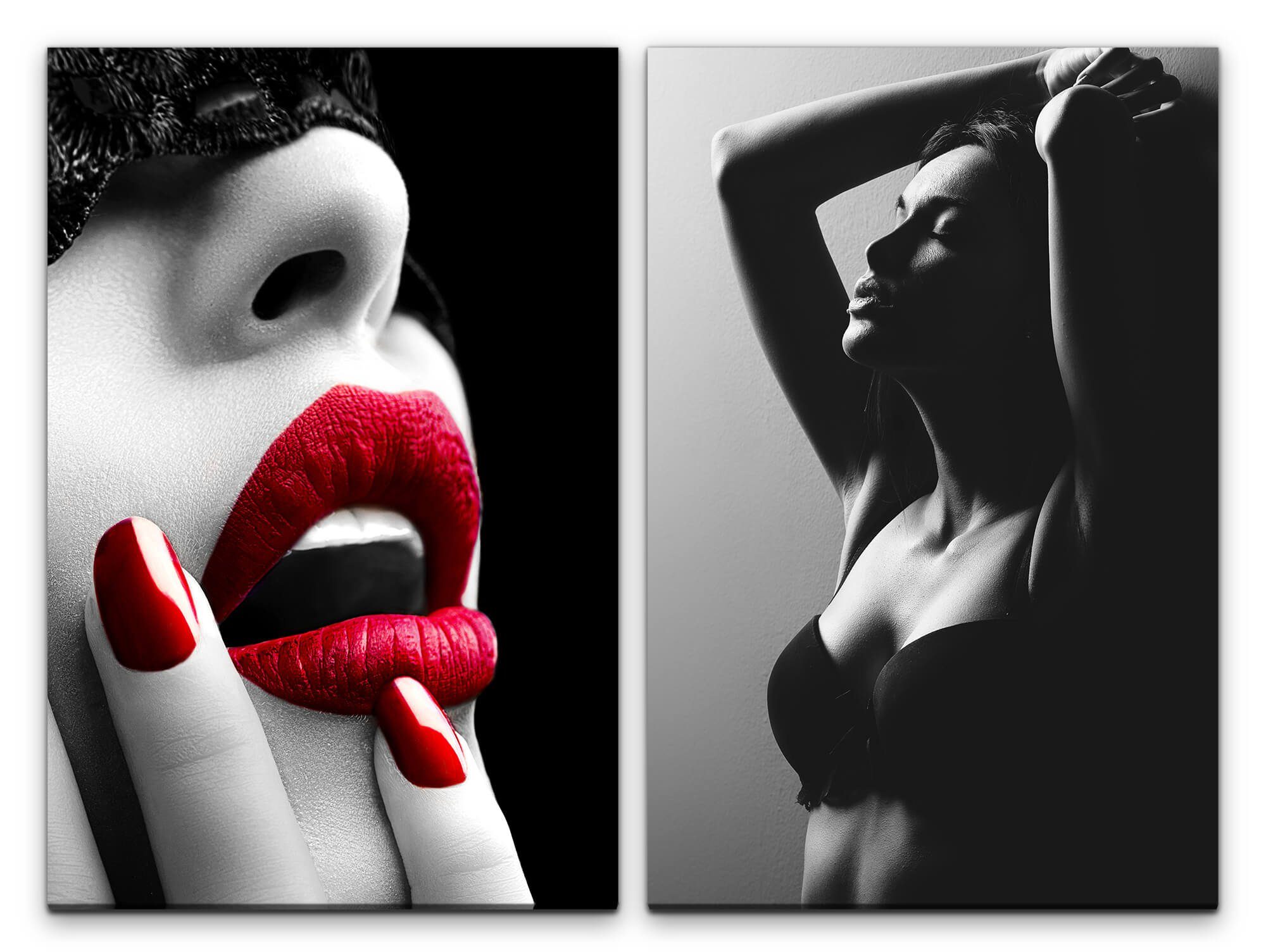Sinus Art Leinwandbild 2 Bilder je 60x90cm Erotisch Rote Lippen Sexy Frau Verführerisch Akt