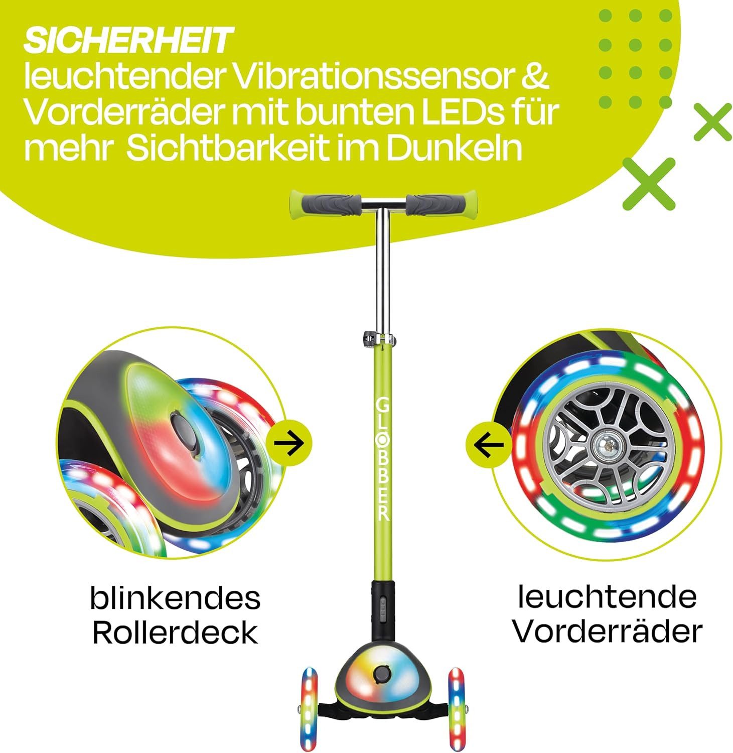 Globber Dreiradscooter Elite Roller DELUXE FLASH LIGHTS - LED-Rollen + Leuchtdeck, ab 3 Jahre, Leuchtdeck, LED-Leuchträder