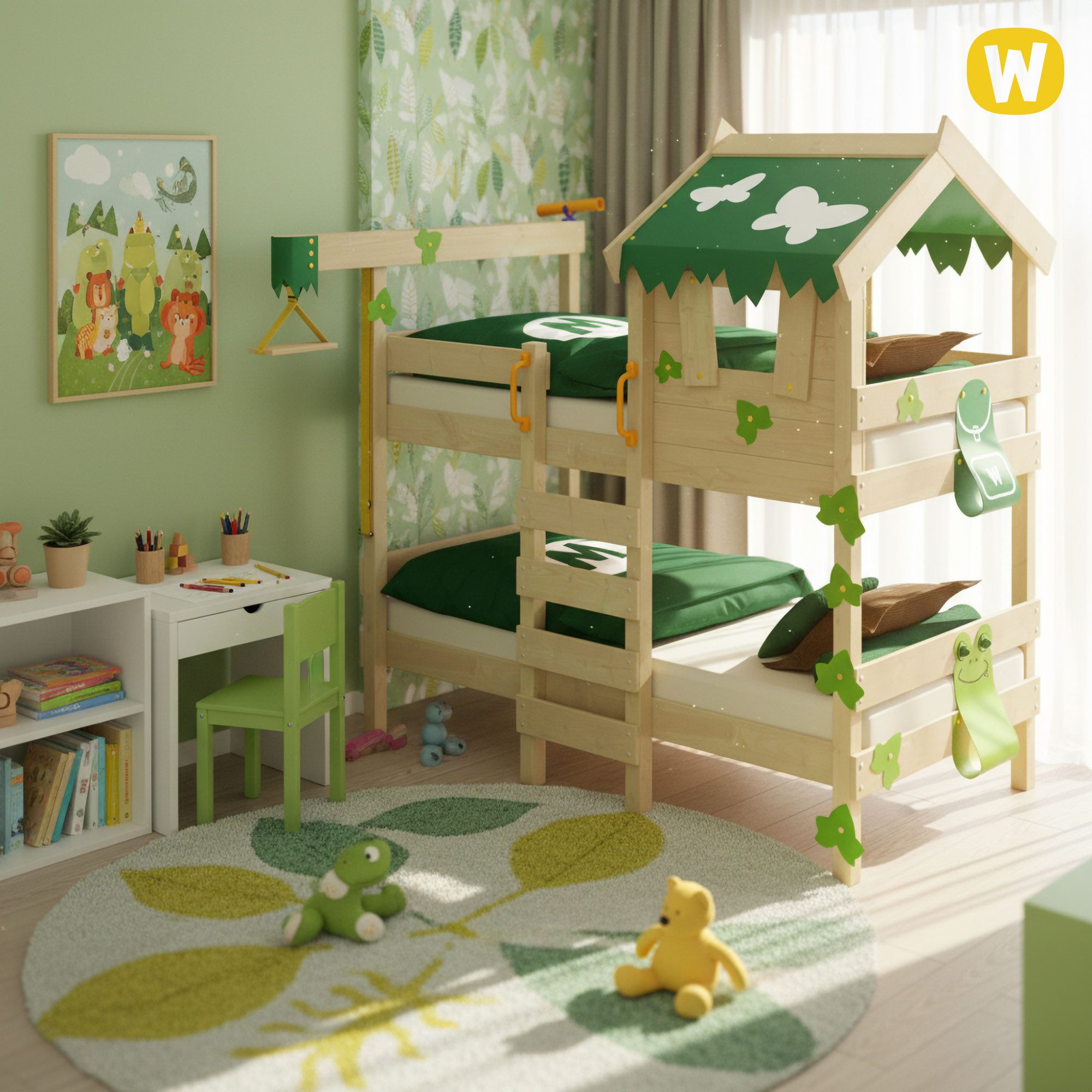 Wickey Kinderbett Crazy Ivy Etagenbett 90x200 aus Massivholz mit Dach und Leiter (Holzpaket aus Pfosten und Brettern, Spielbett für Kinder), Massivholzbrett