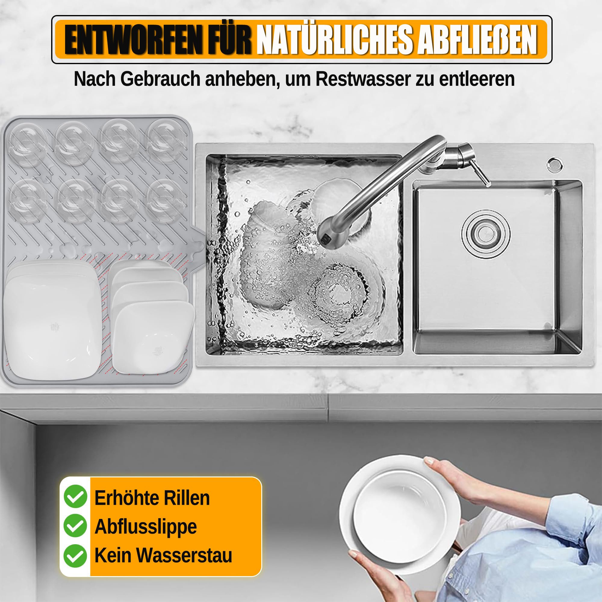 Diwzbyn Abtropfmatte Silikon-Abtropfmatte, Abtropfmatte für die Küchenspüle, Geschirr-Abtropfmatte, Trockenmatte für Geschirr und Geschirrteile – Bild 4 von 5
