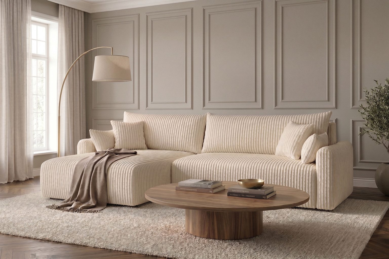 Kaiser Möbel Ecksofa mit Schlaffunktion für Wohnzimmer, Cordstoff Tilia, JAPANDI, Japandi-Stil, Abgerundete Form, Cordstoff mit hoher Abriebfestigkeit