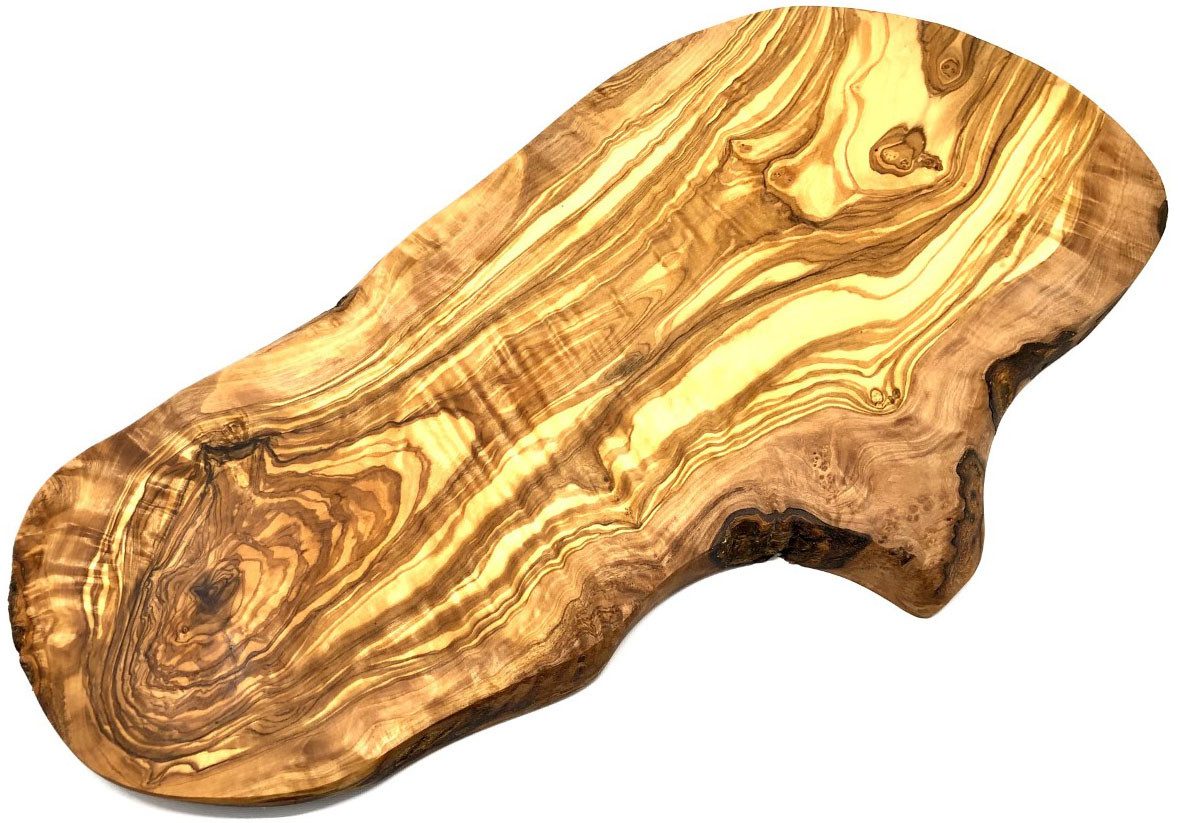 Olivenholz-erleben Schneidebrett Naturschnitt aus hochwertigem naturbelassenem Olivenholz, Massivholz, (1-St), Einzigartige Maserung, rustikale Kante, organisch – Bild 3 von 5