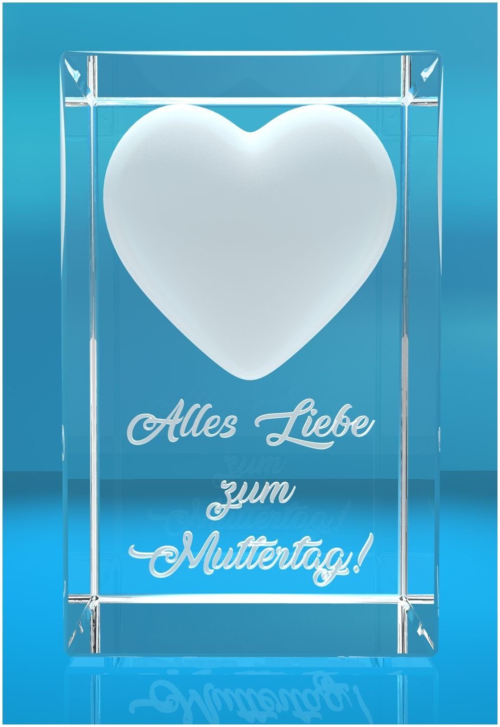 VIP-LASER Dekofigur 3D Glasquader I Verziertes Herz I Alles Liebe zum Muttertag!, Hochwertige Geschenkbox, Made in Germany, Familienbetrieb