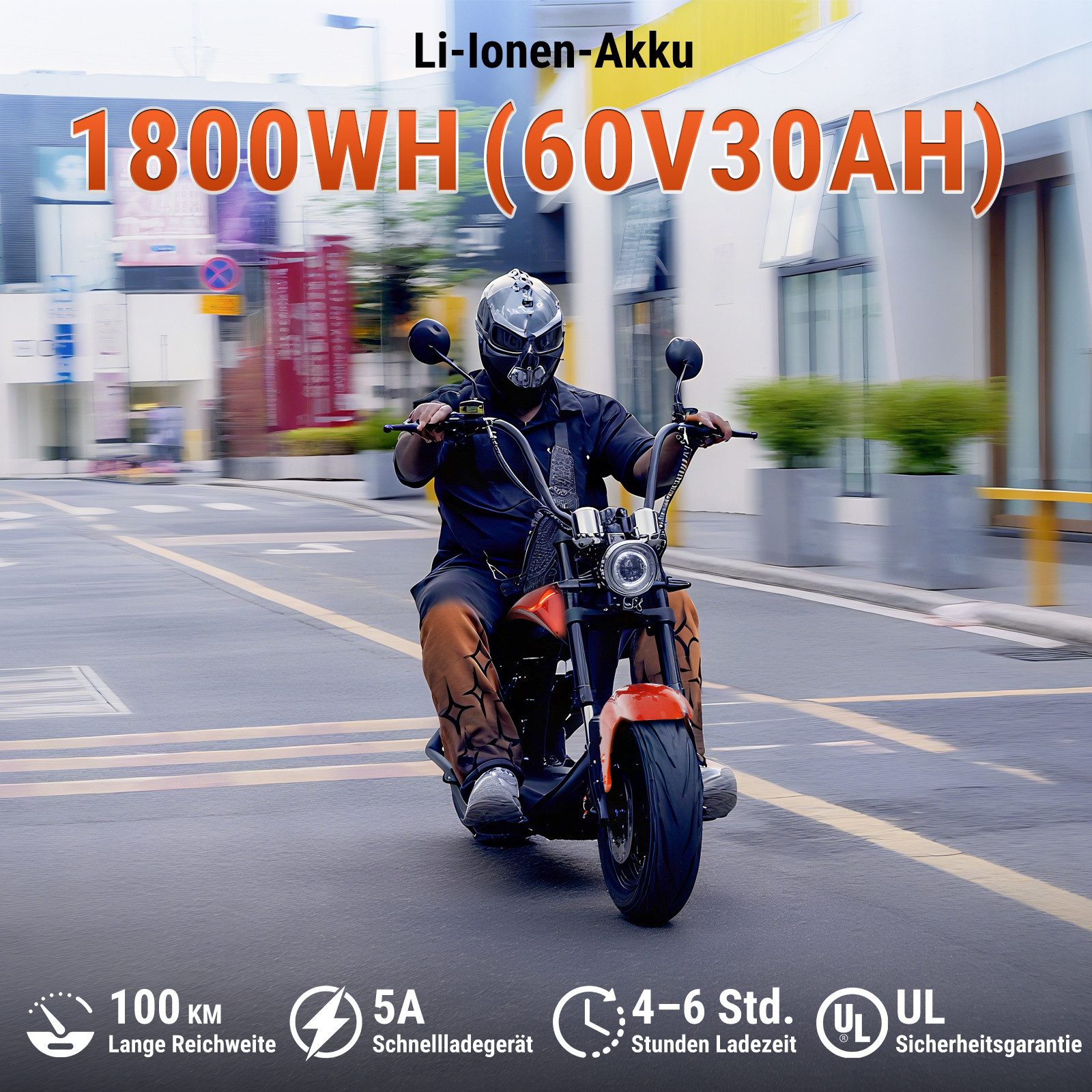 Vankel E-Motorroller M1P-orange 60V 2000W Motor 30AH 45km/h Bis zu 100km, 45 km/h, 100 km Reichweite, scheibenbremsen, StoBdämpfer vorne und hinten