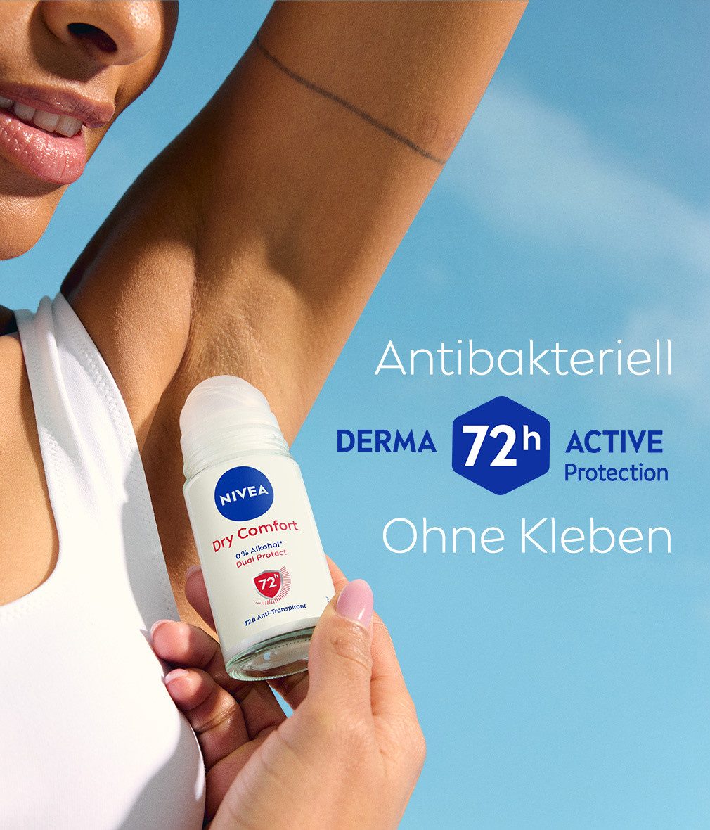 Nivea Deo-Roller Deodorant Dry Comfort Deo Roll-On 6 x 50ml, 6-tlg., Zuverlässiger 72h Anti-Transpirant-Schutz