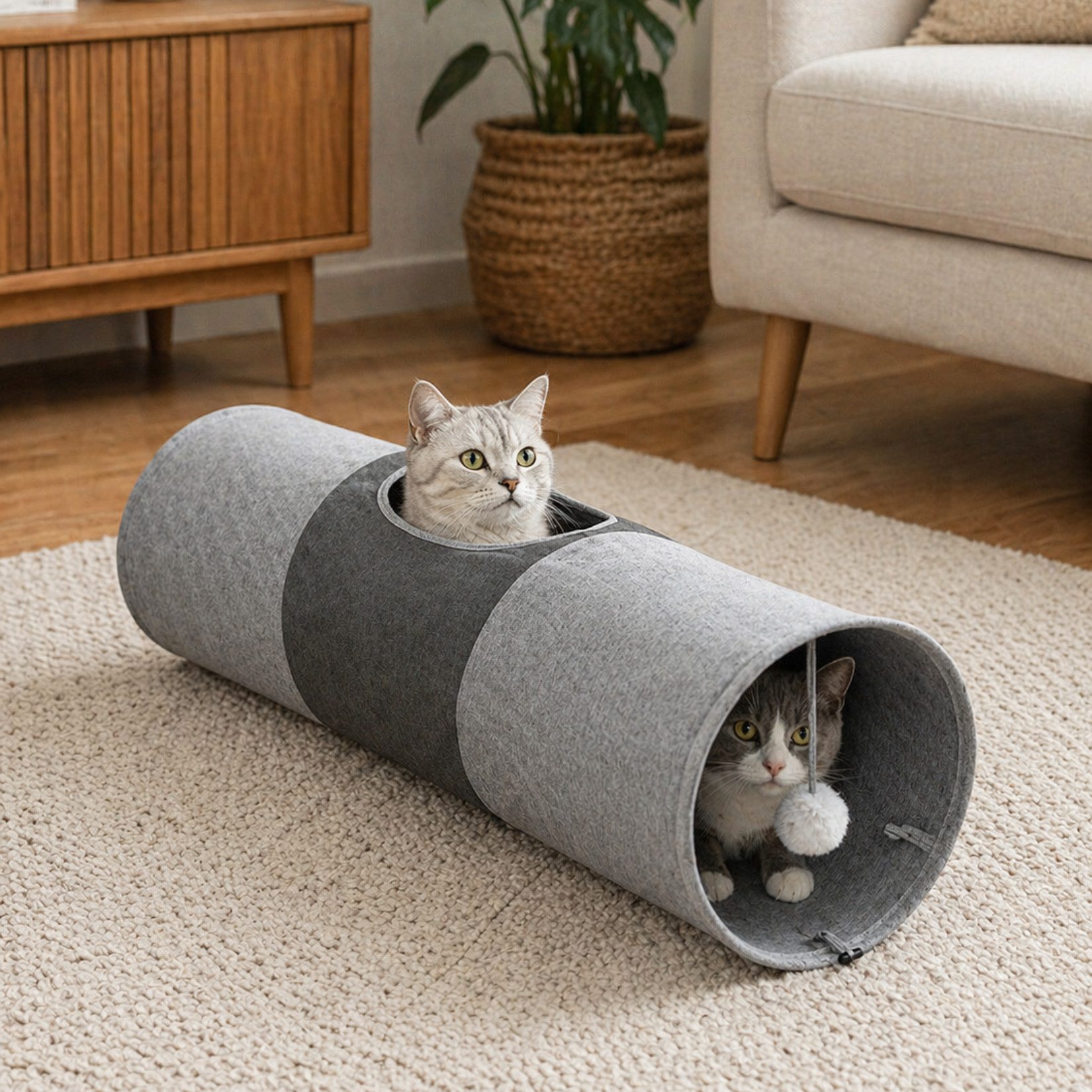 belviona Tierrascheldecke mit Spielball, Katzentunnel platzsparend & robust, 30x70 cm, grau, Textil mit Knisterfolie, (1-tlg) Spieltunnel für Katzen, faltbar & erweiterbar