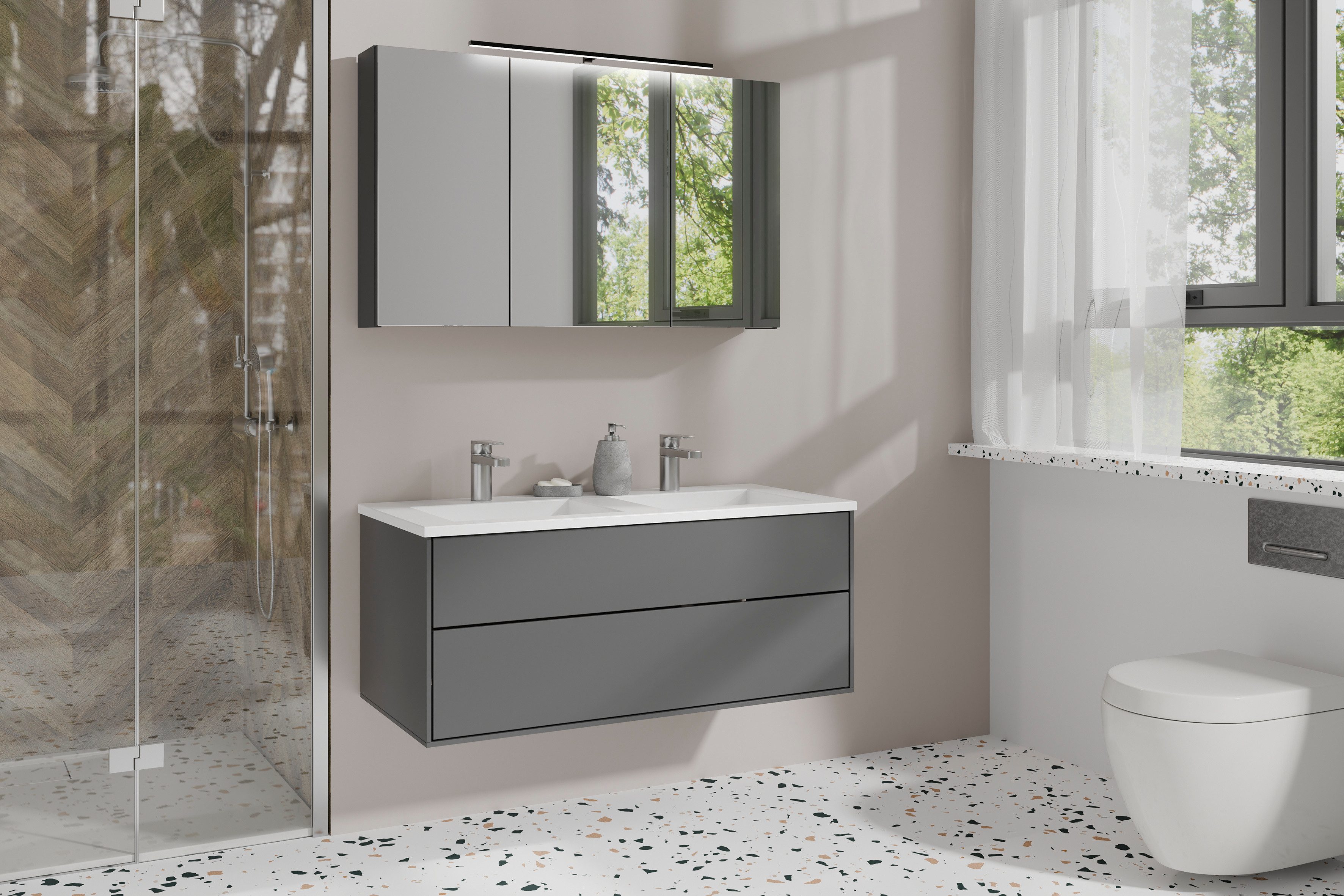 byLIVING Spiegelschrank Serie Spree, in vielen Breiten erhältlich Soft-Close, LED Beleuchtung mit Schalter- und Steckdosenbox