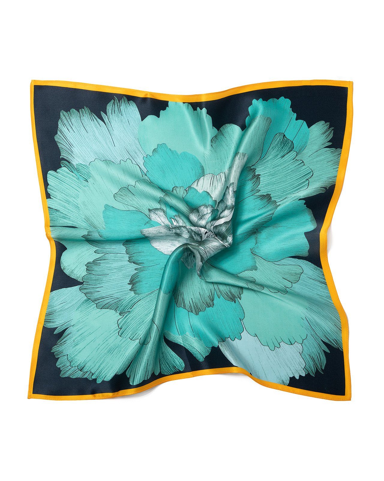 MayTree Seidentuch quadratisch Pfingstrose 53x53cm, türkis dunkelblau mit goldenem Rand, (Stück), 100% Seide