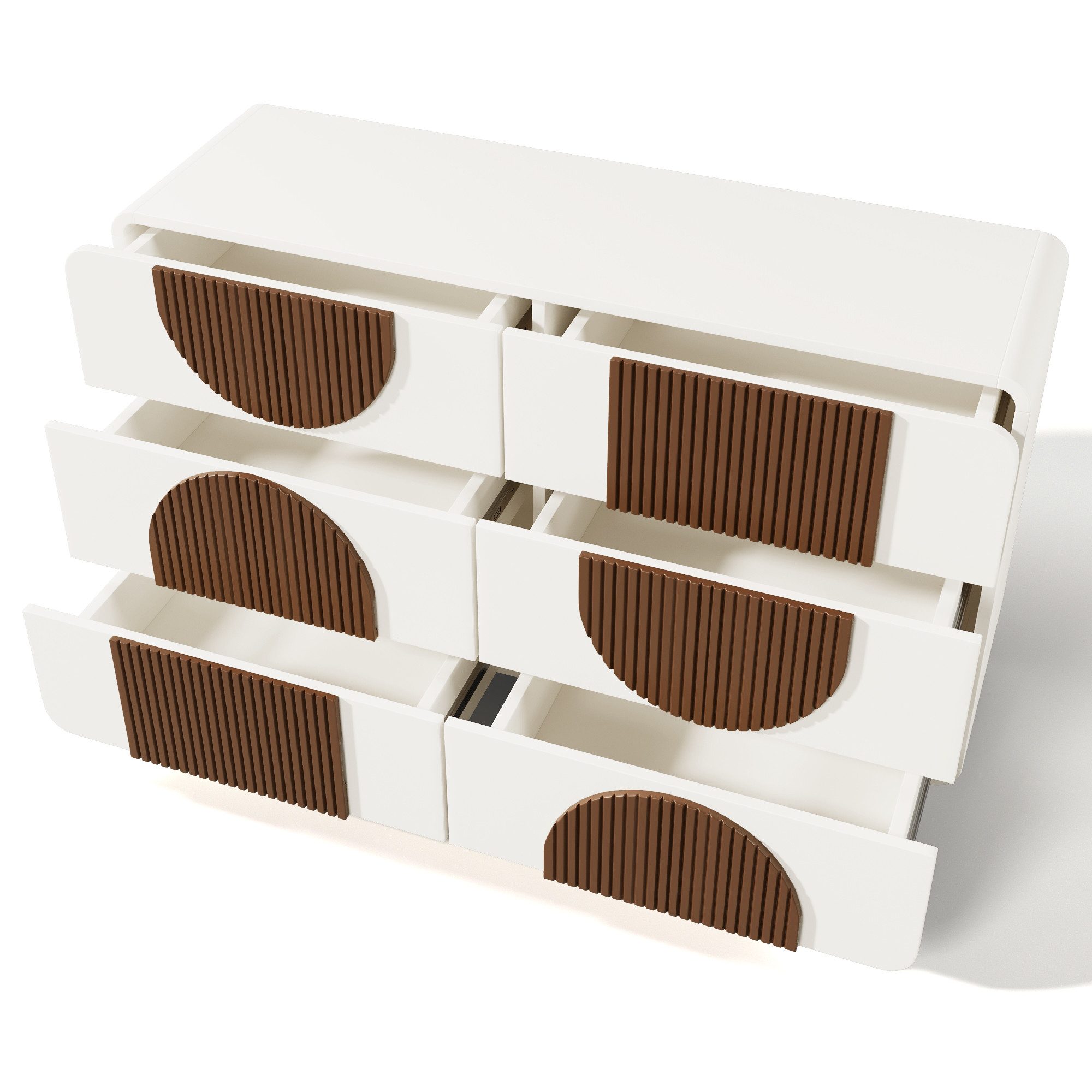 Flieks Kommode mit 6 Schubladen & geschwungenem Design (121x71x41 cm, 1 St., Beine aus Massivholz), Sideboard mit schokoladenfarbenen Holzleisten Mehrzweckschrank Weiß