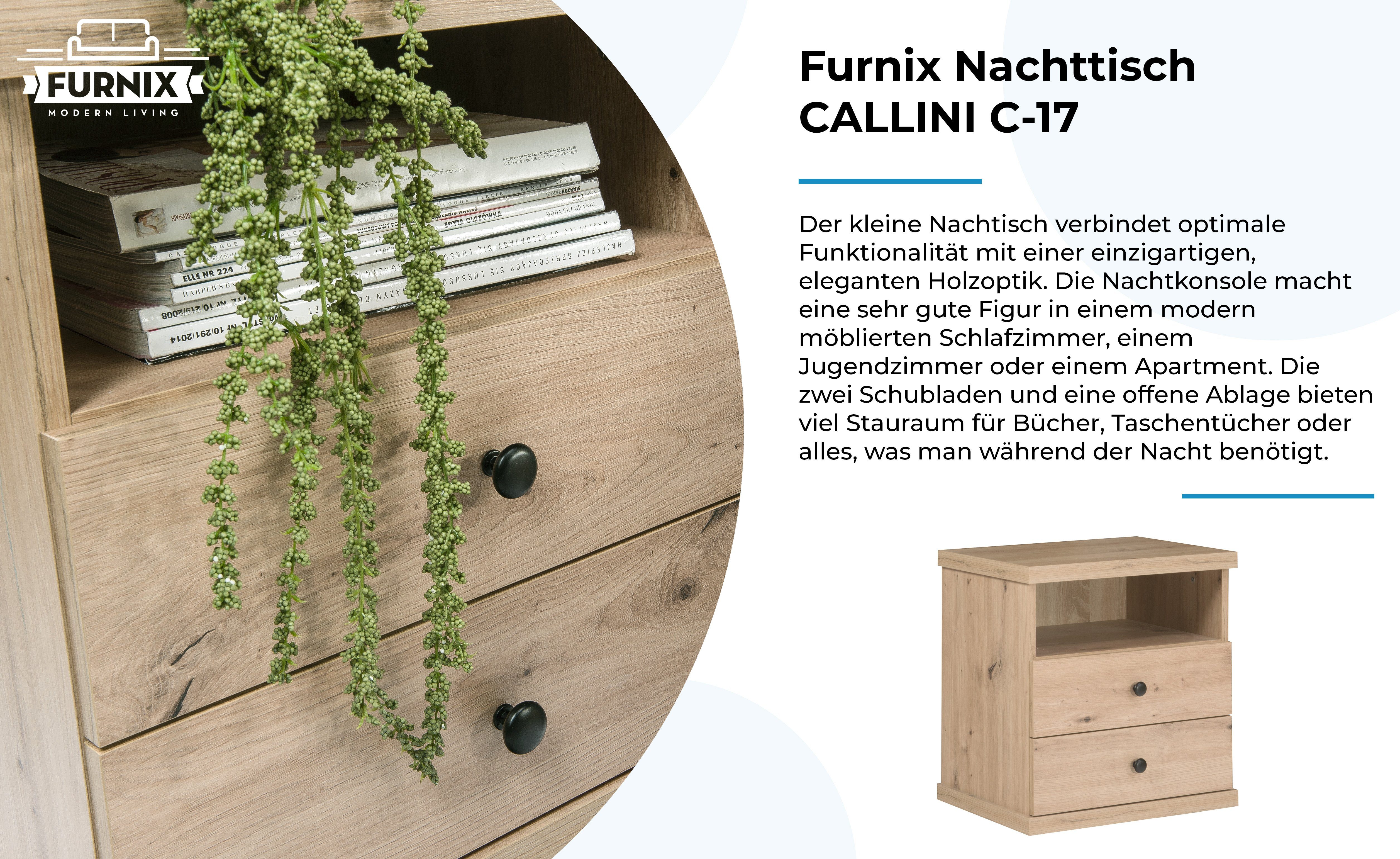 x C-17 H51 Nachttisch und Ablage mit T CALLINI Kommode Eiche, 2 B48 40,6 offene Schubladen x Artisan cm Furnix