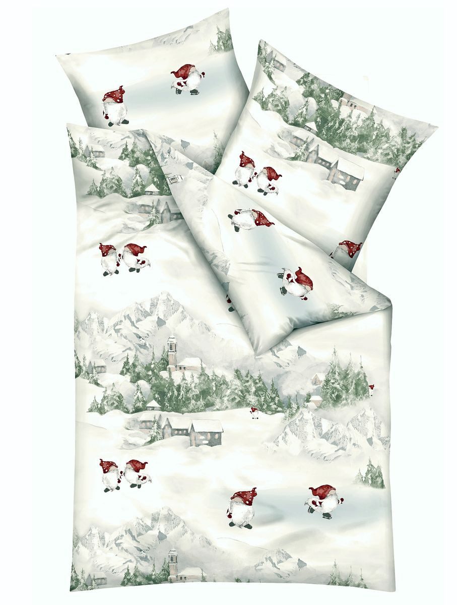 JACK Bettwäsche 135x200cm Schneewichtel Silber Kaeppel, Biber, 2 teilig, Schneelandschaft, Berge, rote Mütze
