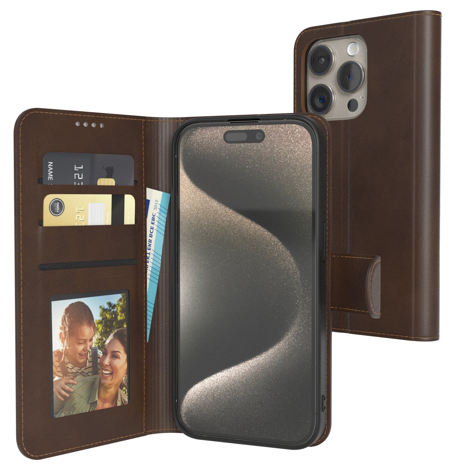 EAZY CASE Handyhülle Business Handyhülle Kartenfächer für iPhone 15 Pro 6,1 Zoll, Tasche Klapphülle aus Kunstleder Book Cover mit Kartenfächer Braun