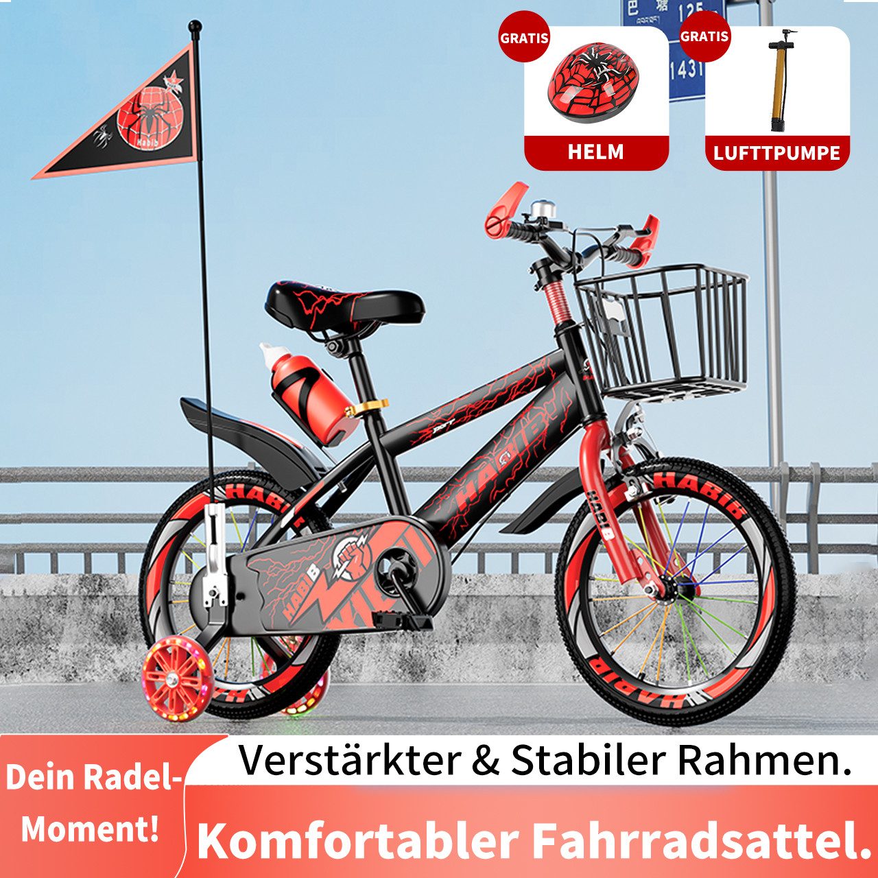 Habib Gruppe Kinderfahrrad Jungen 12 14 16 Zoll ab 3 Jahre, Stützräder, Korb & Helm