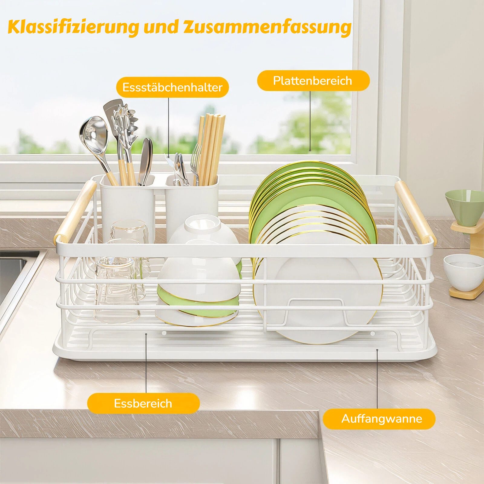 BlingBin Geschirrständer Geschirr Abtropfgestell mit Auffangschale, 43 × 30,5 × 14 cm, Rostfrei Spülkorb mit Holzgriff für Teller, Töpfe & Besteck, Weiß