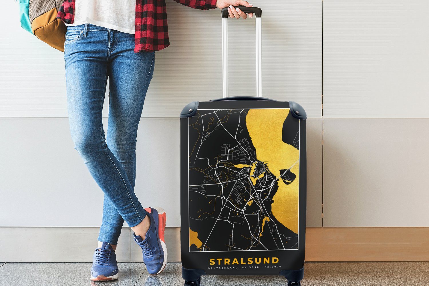 Stadtplan Reisetasche - Handgepäck 4 rollen, MuchoWow Rollen, für - Karte Trolley, Stralsund Deutschland, Handgepäckkoffer - Reisekoffer mit - Gold Ferien,